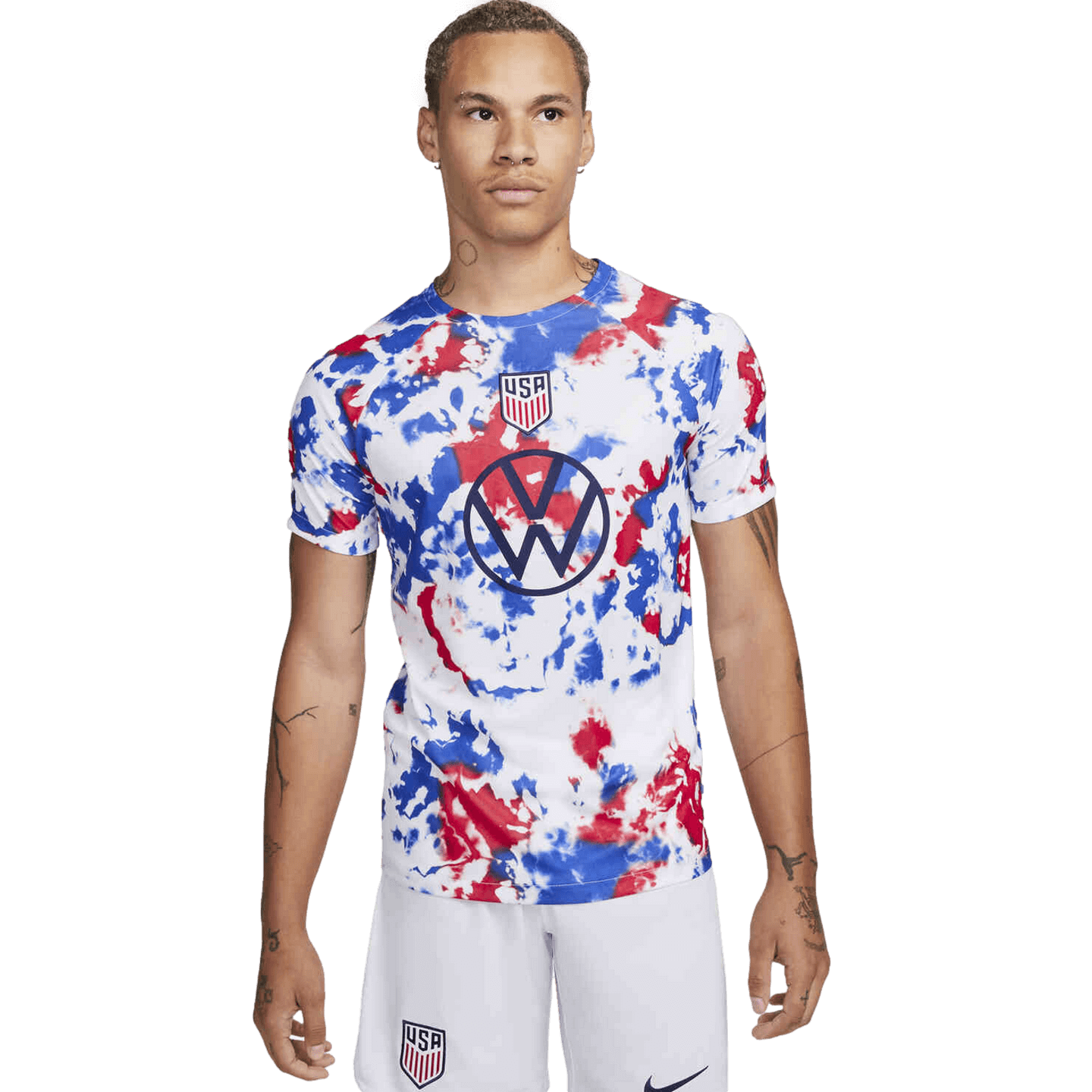 Camiseta de futbol prepartido de Estados Unidos 2022 para hombre de Nike tenido anudado en rojo blanco y azul Stefans Soccer