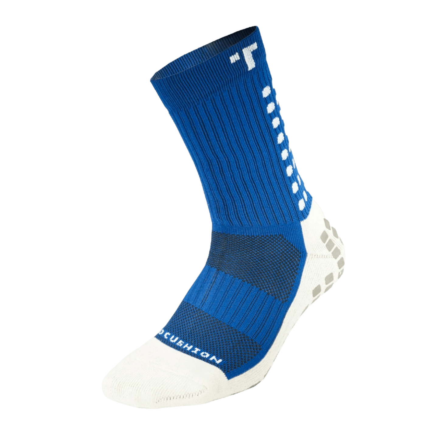 A single Trusox 3.0 Cushioned Mid Calf Grip Crew Sock in blue, featuring a ribbed upper with white accents, a white toe with branding, and distinctive non-slip grip pads on the white heel and sole.