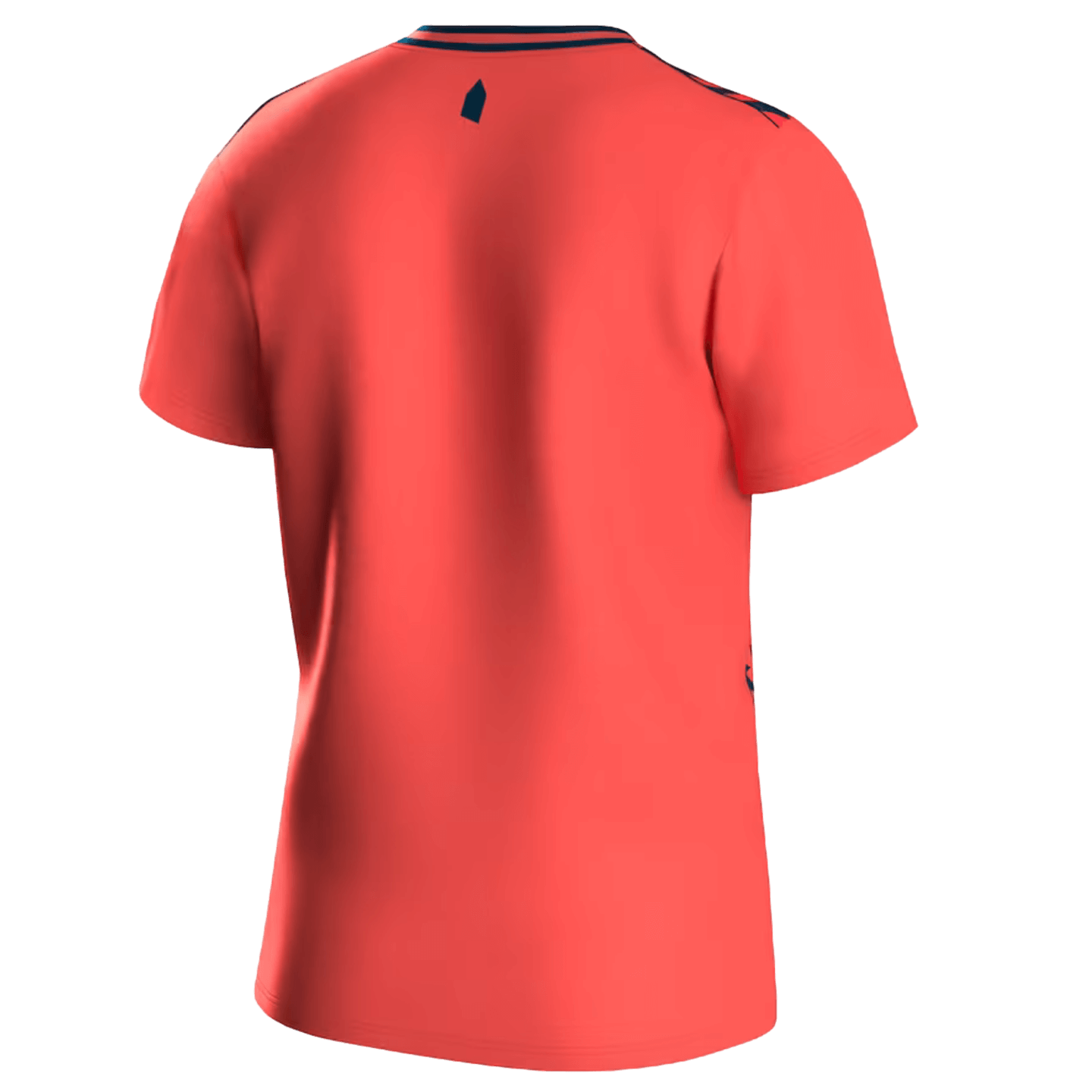 The back view of the coral-colored Hummel Everton 23/24 Away Jersey, featuring navy blue trim on the collar and shoulders, and a small tower emblem on the upper back.