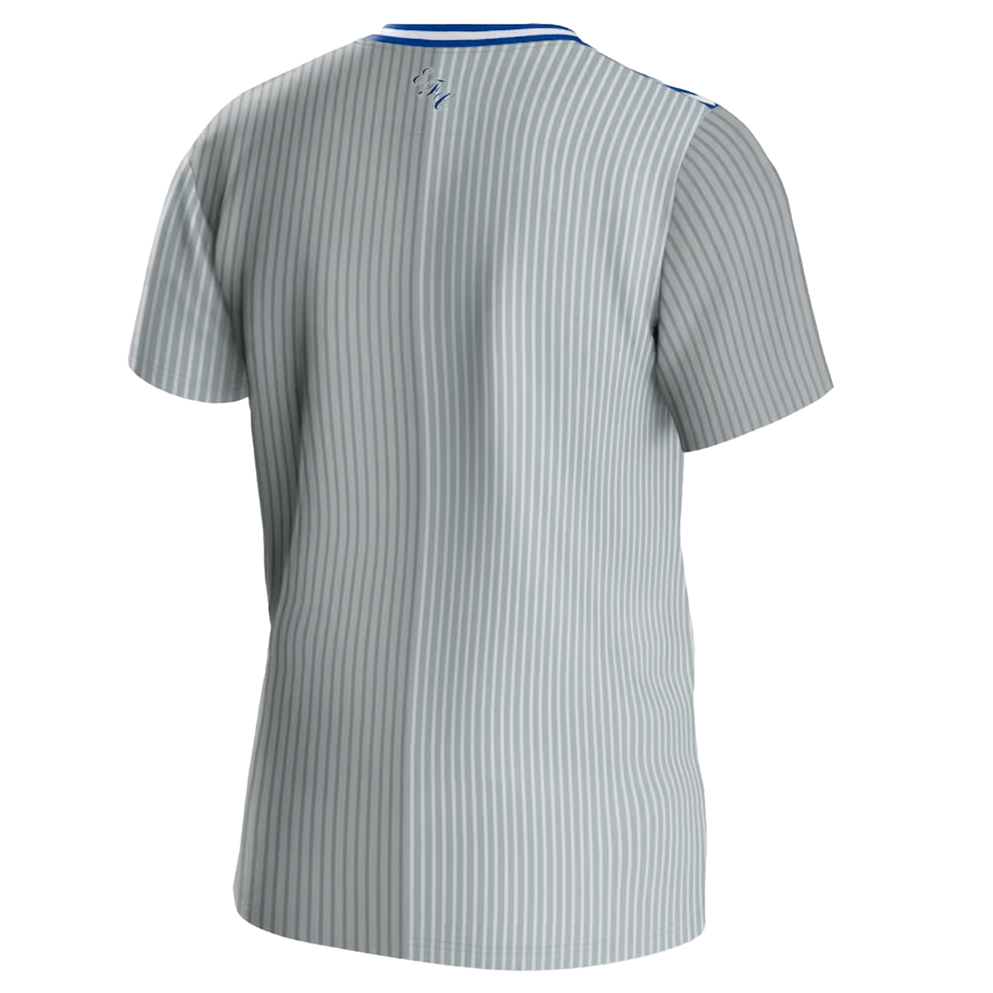 A back view of the Hummel Everton FC 23/24 Third Jersey, showcasing a grey and light grey vertical pinstripe pattern. It features a blue and white striped crew neck collar, blue Hummel chevrons on the shoulders, and the stylized initials "EFC" embroidered