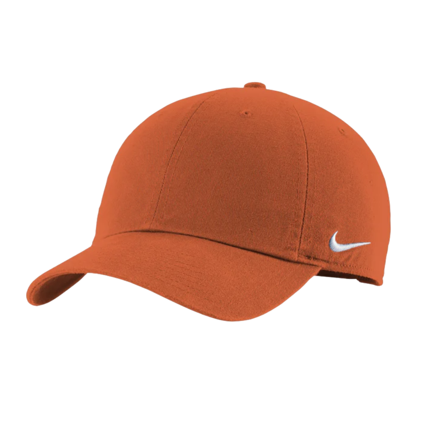 A solid burnt orange Nike baseball cap with a white swoosh logo on the side, shown at a three-quarter angle against a white background.