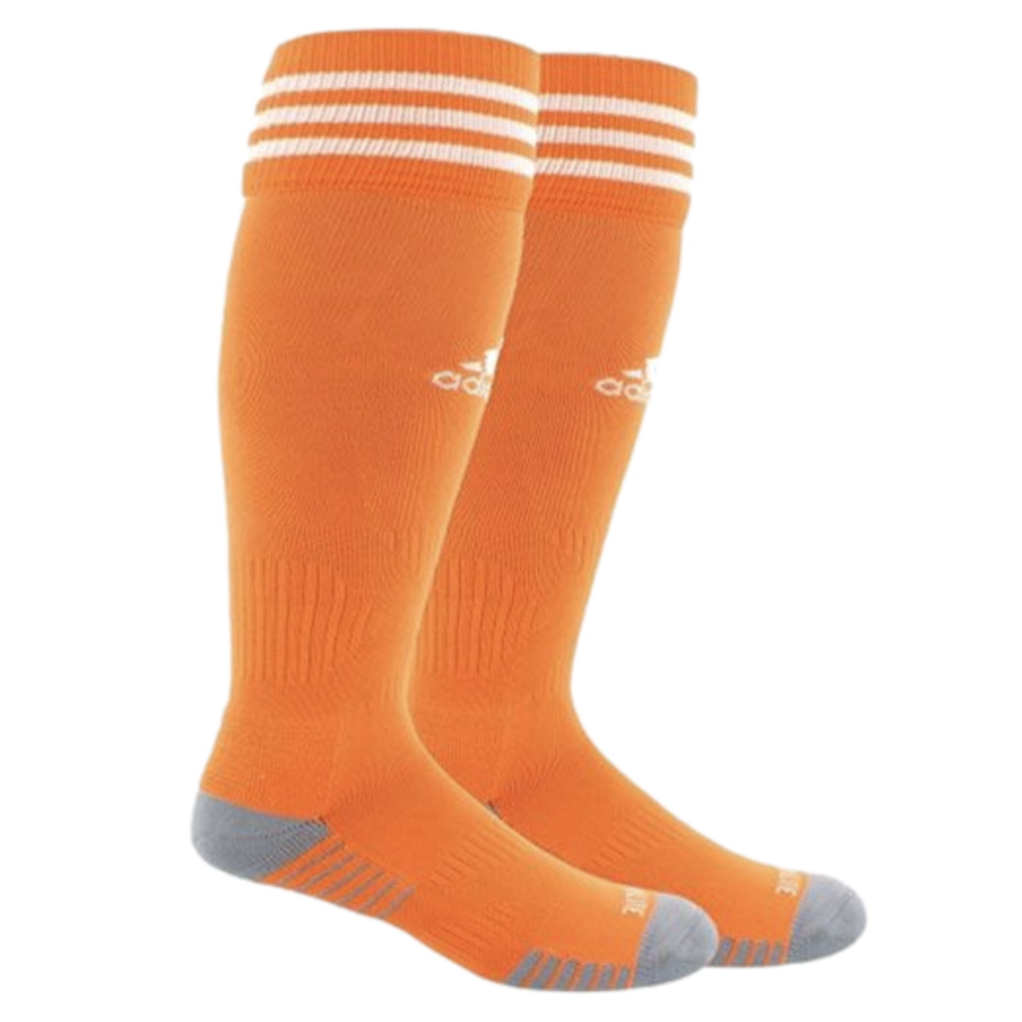 A pair of orange knee-high Adidas soccer socks with white stripes at the cuff, a white logo on the side, and grey cushioned heels and toes.