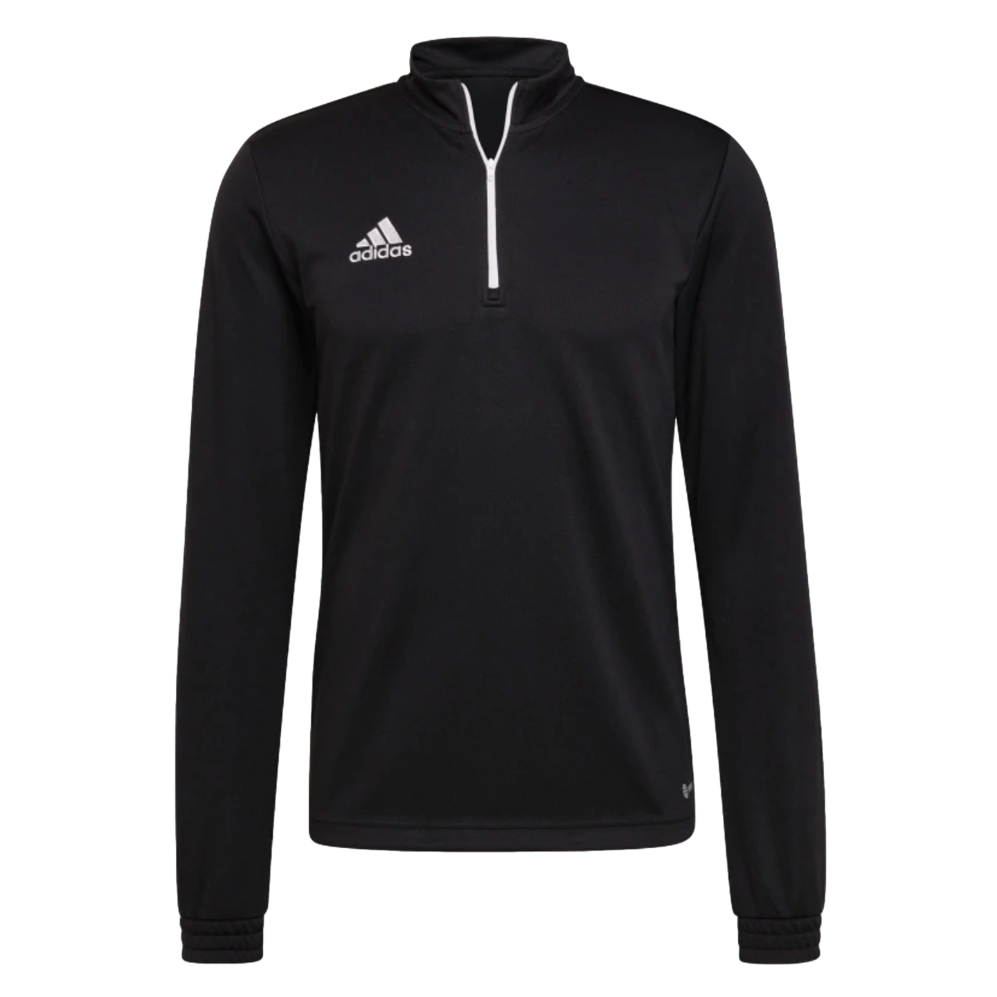 A black Adidas long-sleeved athletic top featuring a white quarter-zip and a white logo on the chest.