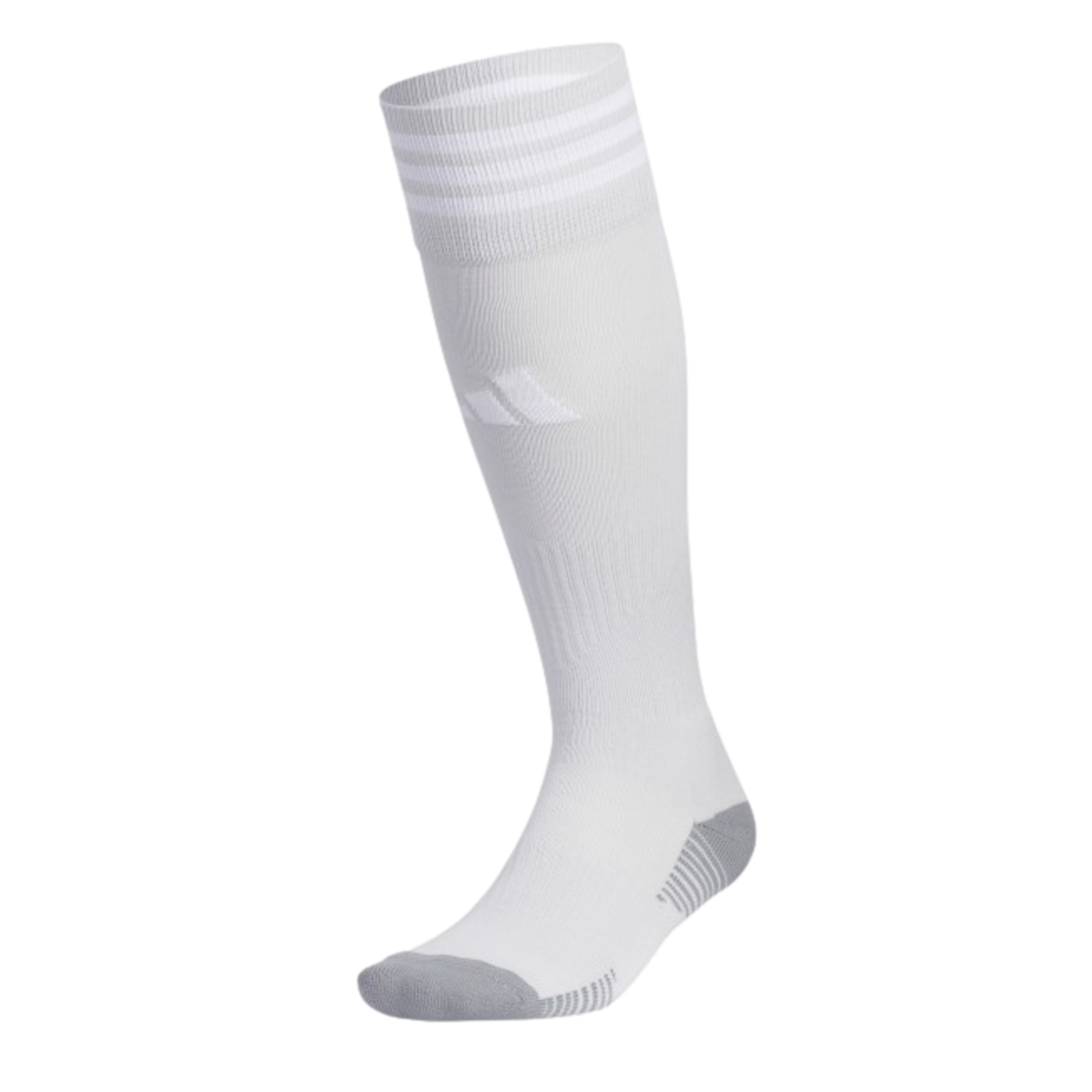White Adidas knee-high soccer sock with grey stripes around the cuff, a matching logo on the shin, and grey accents on the heel and toe.