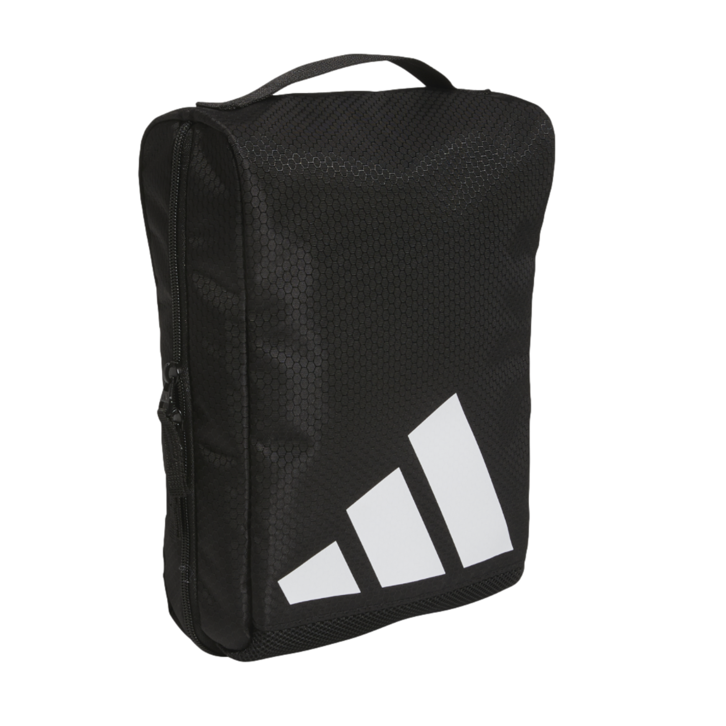 A black Adidas bag with a top handle, side zipper, and a large white 3-bar logo on the front. The material has a subtle hexagonal texture.