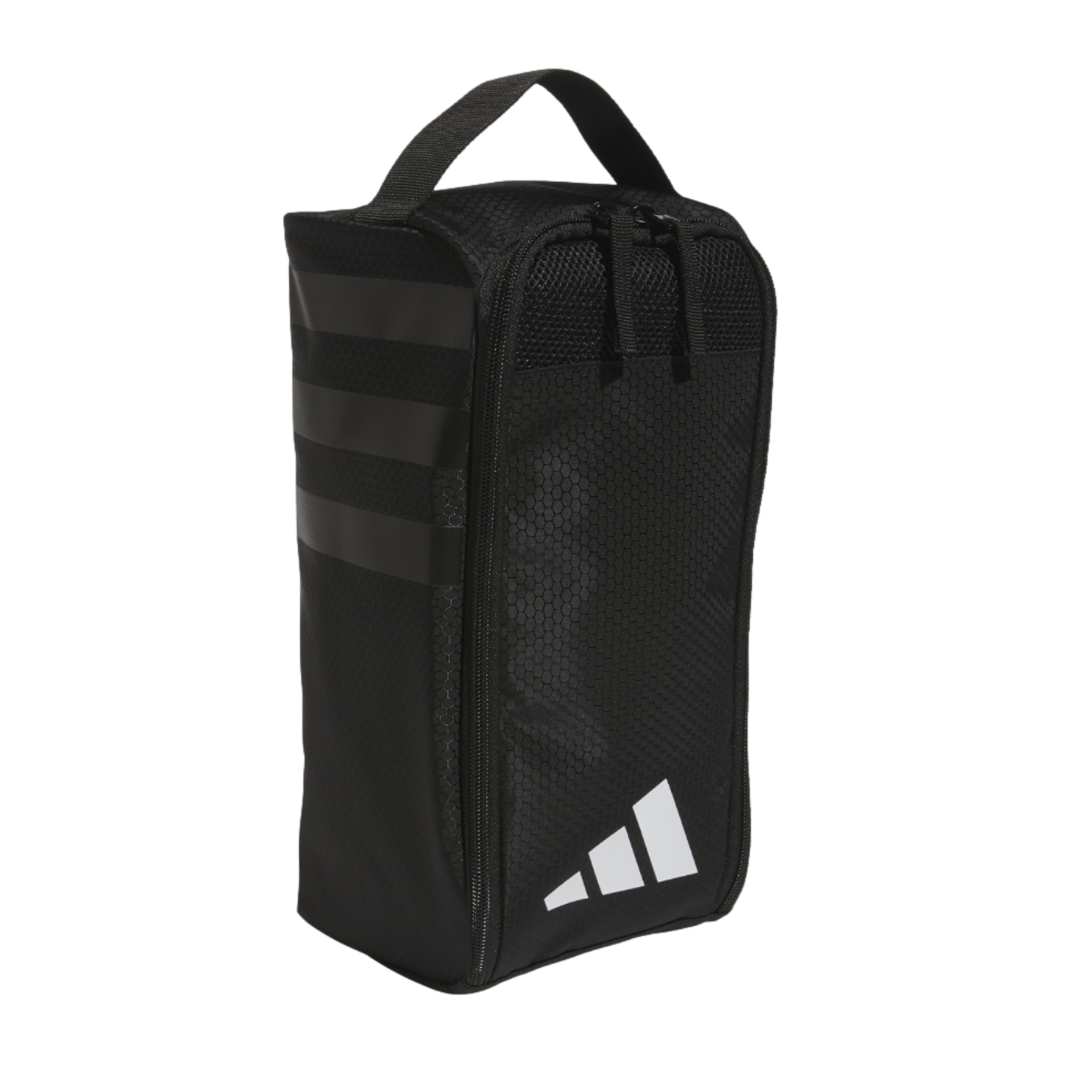 A black Adidas shoe bag with a top carry handle, a white logo at the bottom, and a zippered mesh front panel.