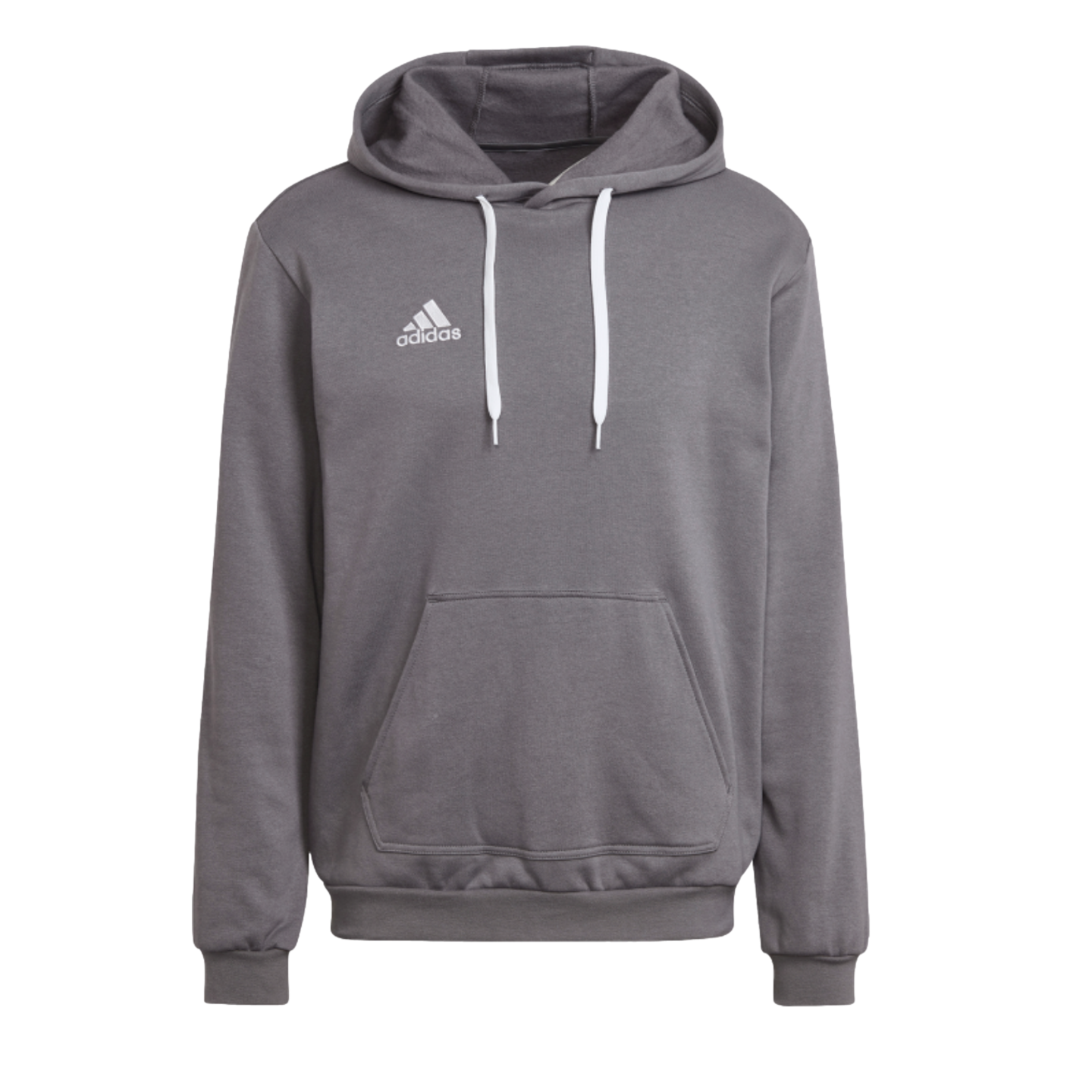 A gray Adidas pullover hoodie with white drawstrings and a front kangaroo pocket.