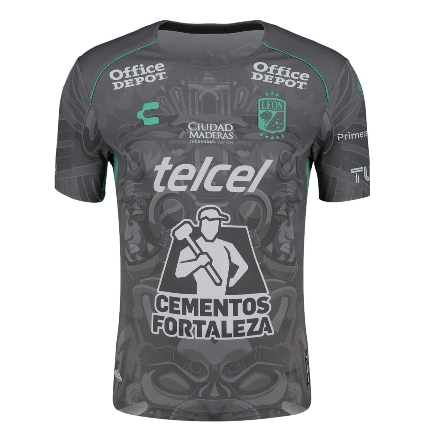 A grey Club León soccer jersey with teal accents and various sponsor logos, including Office Depot, Telcel, and Cementos Fortaleza, over a sublimated pattern.