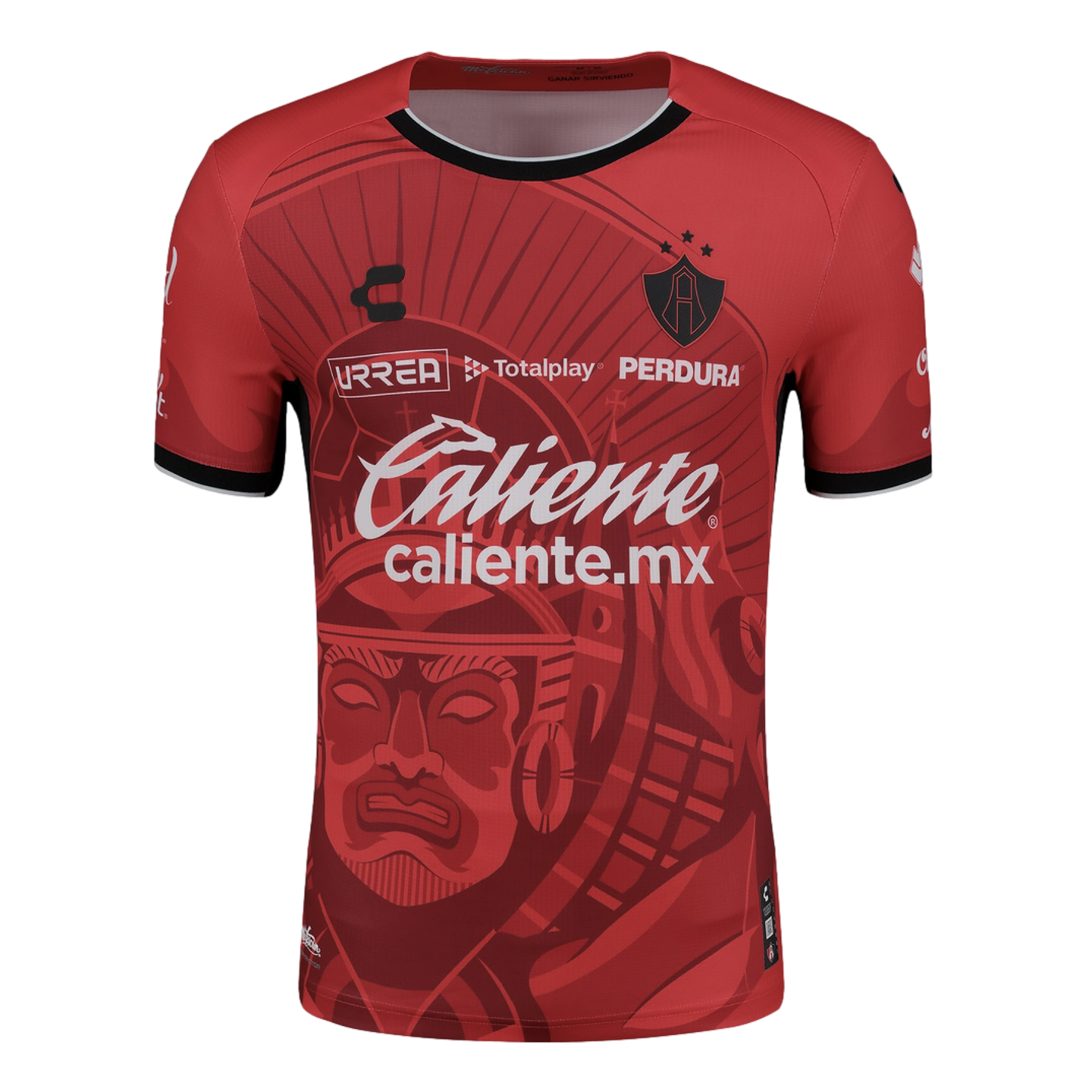 Red Atlas FC soccer jersey featuring a large warrior graphic, club crest, and sponsor logos including Caliente.mx and URREA.