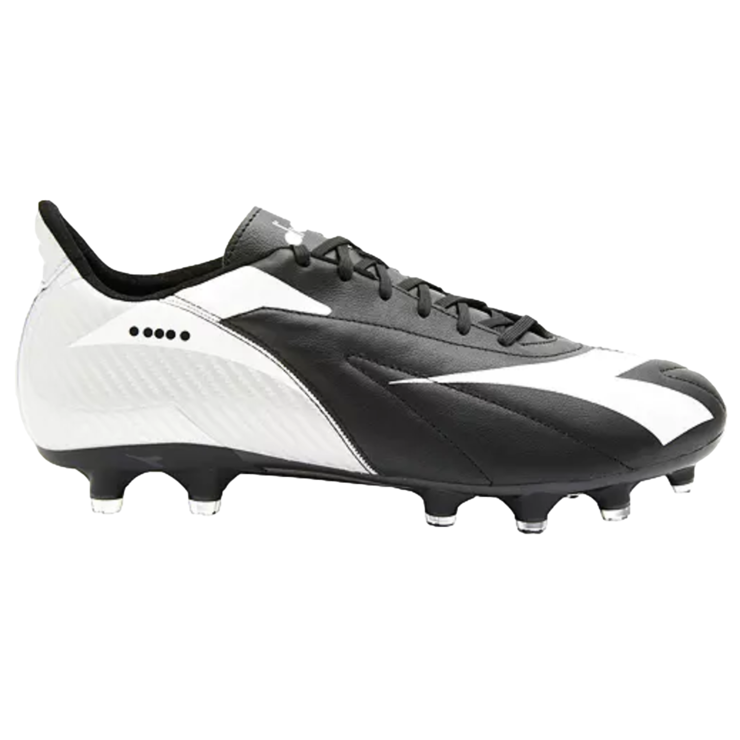 Side profile of a black and white soccer cleat with a large white logo, black laces, and white-tipped studs on a black sole.