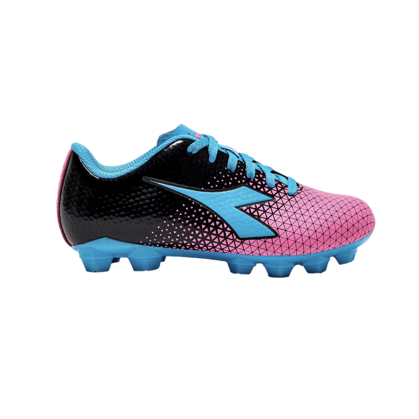 Side view of a colorful soccer cleat with a black and pink geometric patterned upper, blue laces, and a blue molded stud outsole.