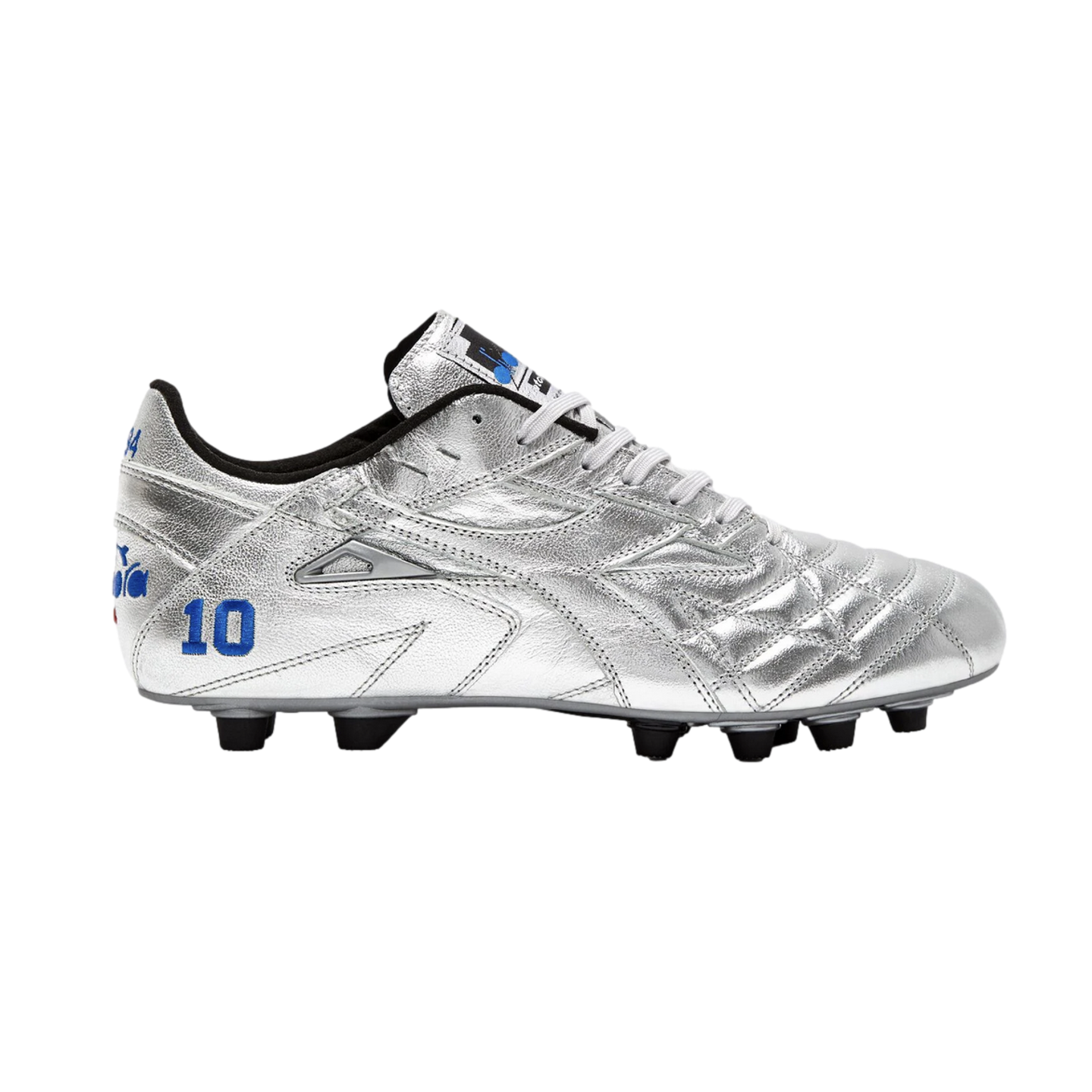 Side profile of a metallic silver soccer cleat with a blue number 10 on the heel and black studs against a white background.