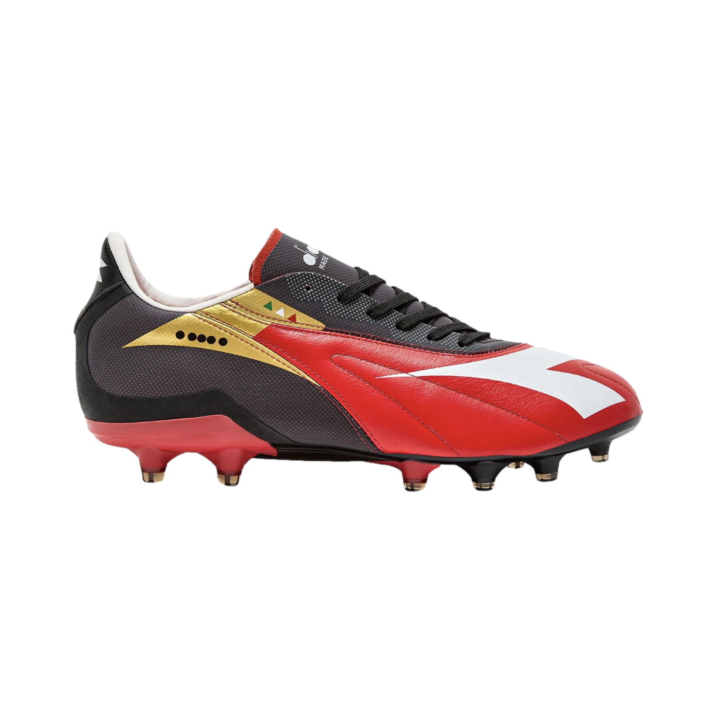 A red and black Diadora soccer cleat with gold trim and a white logo stripe, shown in a side profile view.
