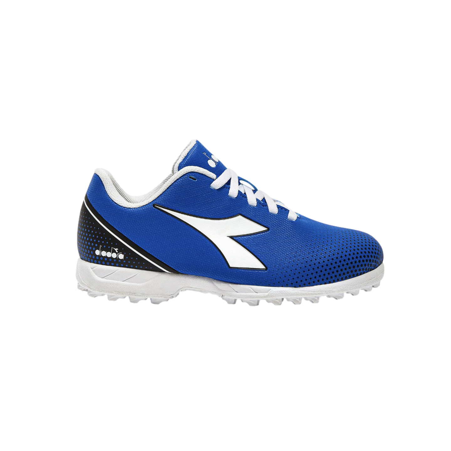 Blue Diadora turf soccer shoe with a large white logo, white laces, and a white studded sole, shown from the side on a white background.