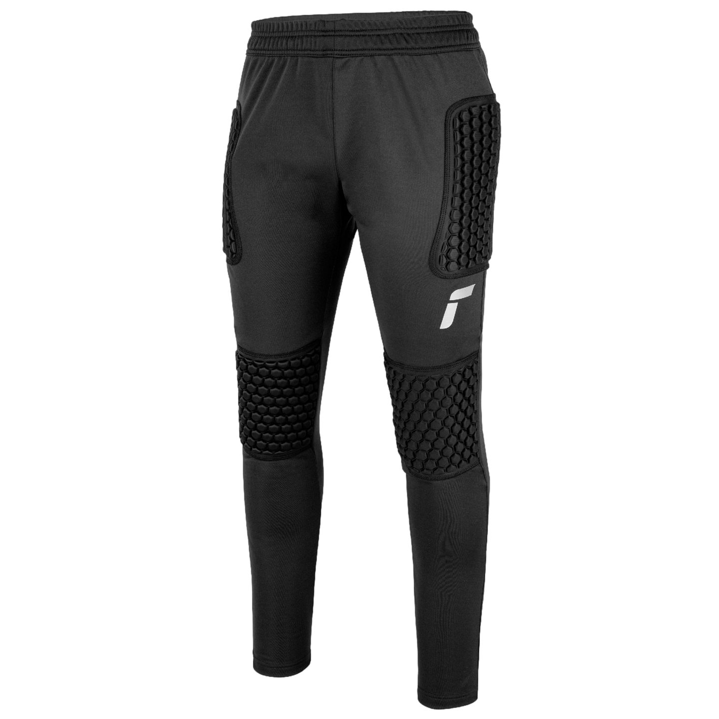 Black athletic goalkeeper pants featuring protective hexagonal honeycomb padding on the hips and knees with a white logo on the left thigh.