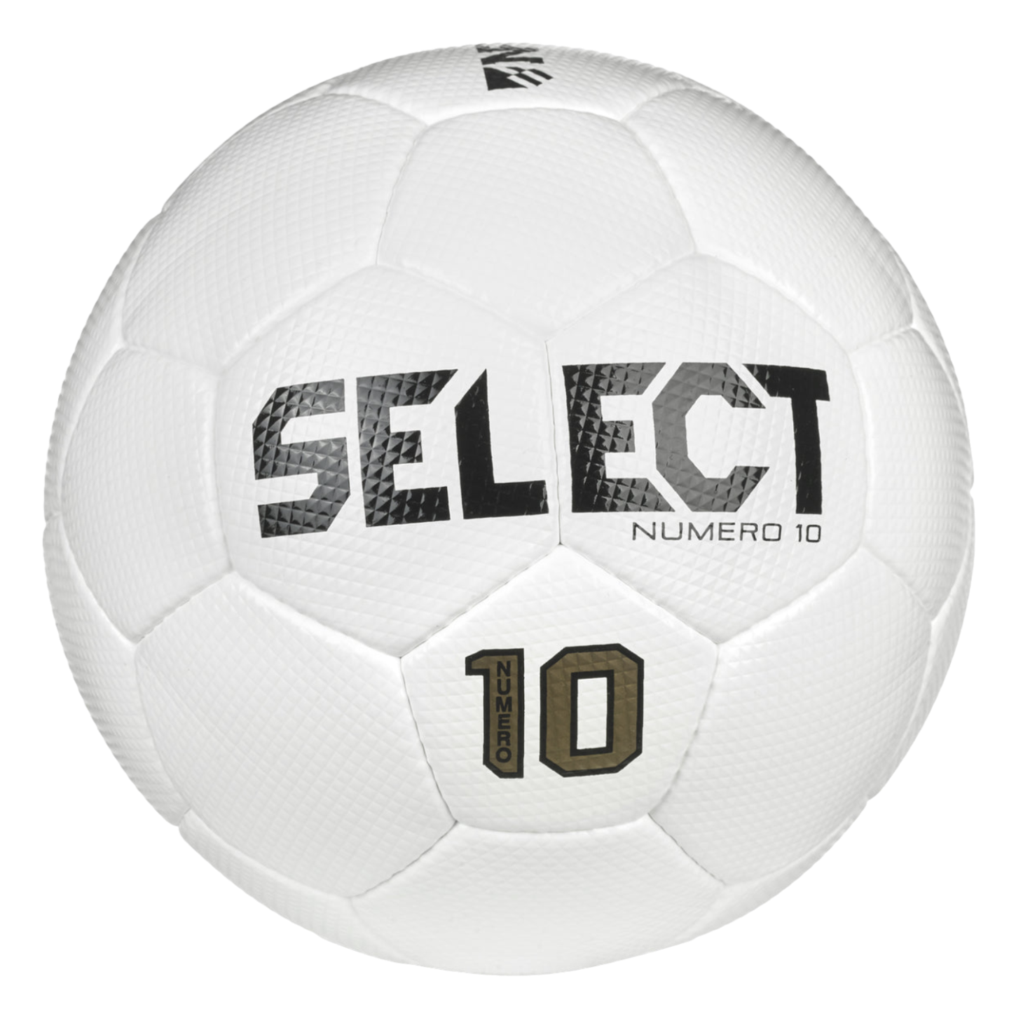 A white textured soccer ball featuring the brand "SELECT" and model "NUMERO 10" in black and gold lettering.