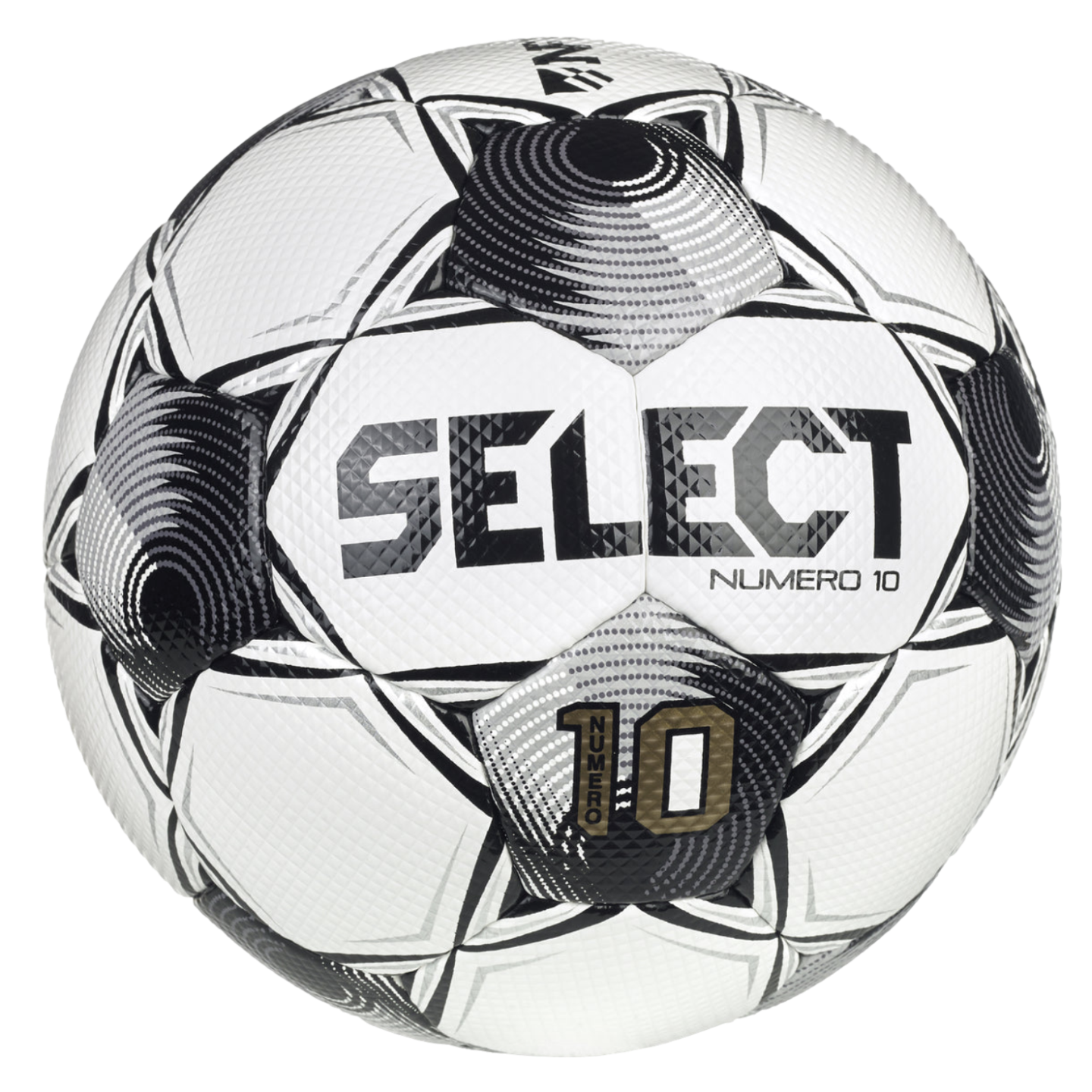 A white and black Select Numero 10 soccer ball with gray patterned accents and bold "SELECT" branding across the center panels.