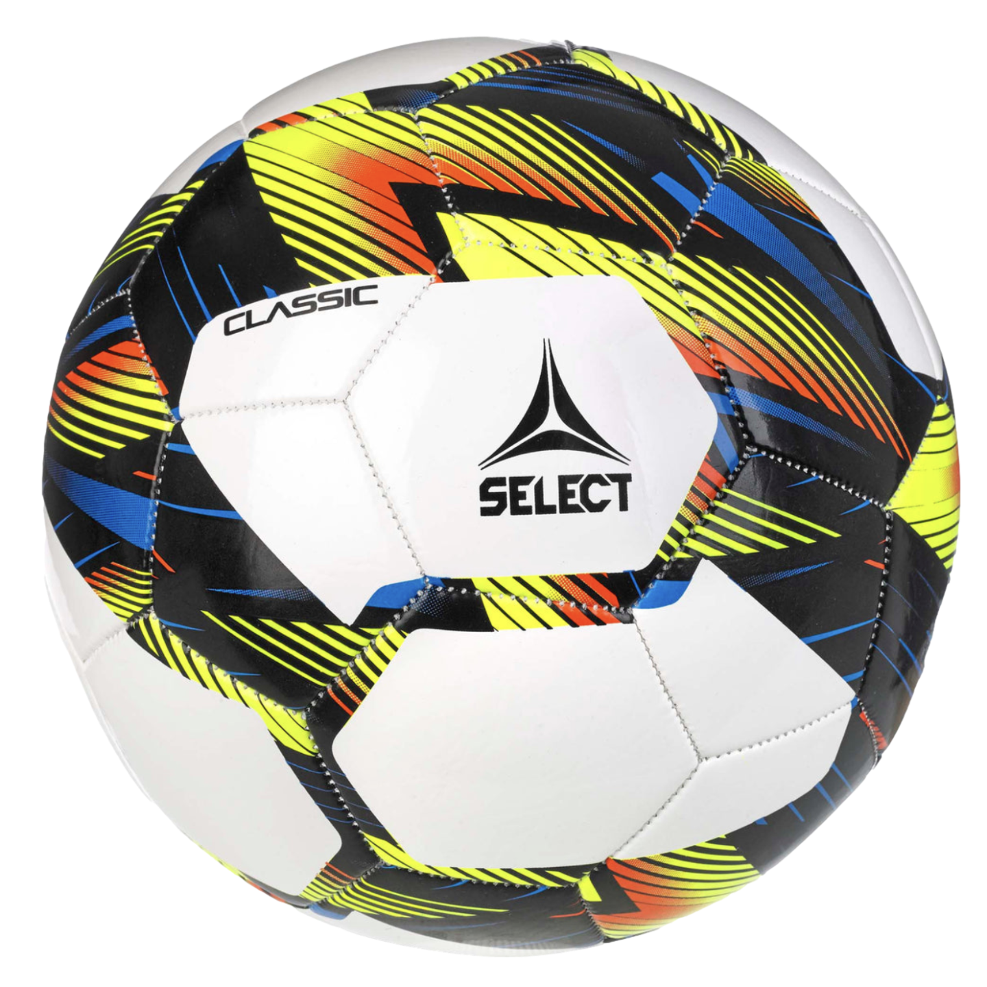 A white Select Classic soccer ball featuring vibrant geometric patterns in black, yellow, orange, and blue. The brand logo is prominent on a central white hexagonal panel.