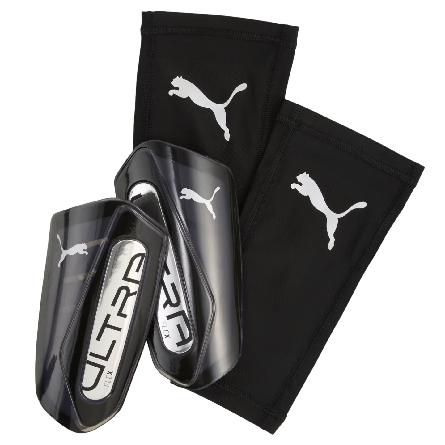Pair of black and silver Puma Ultra Flex shin guards with matching black compression sleeves featuring white Puma logos.