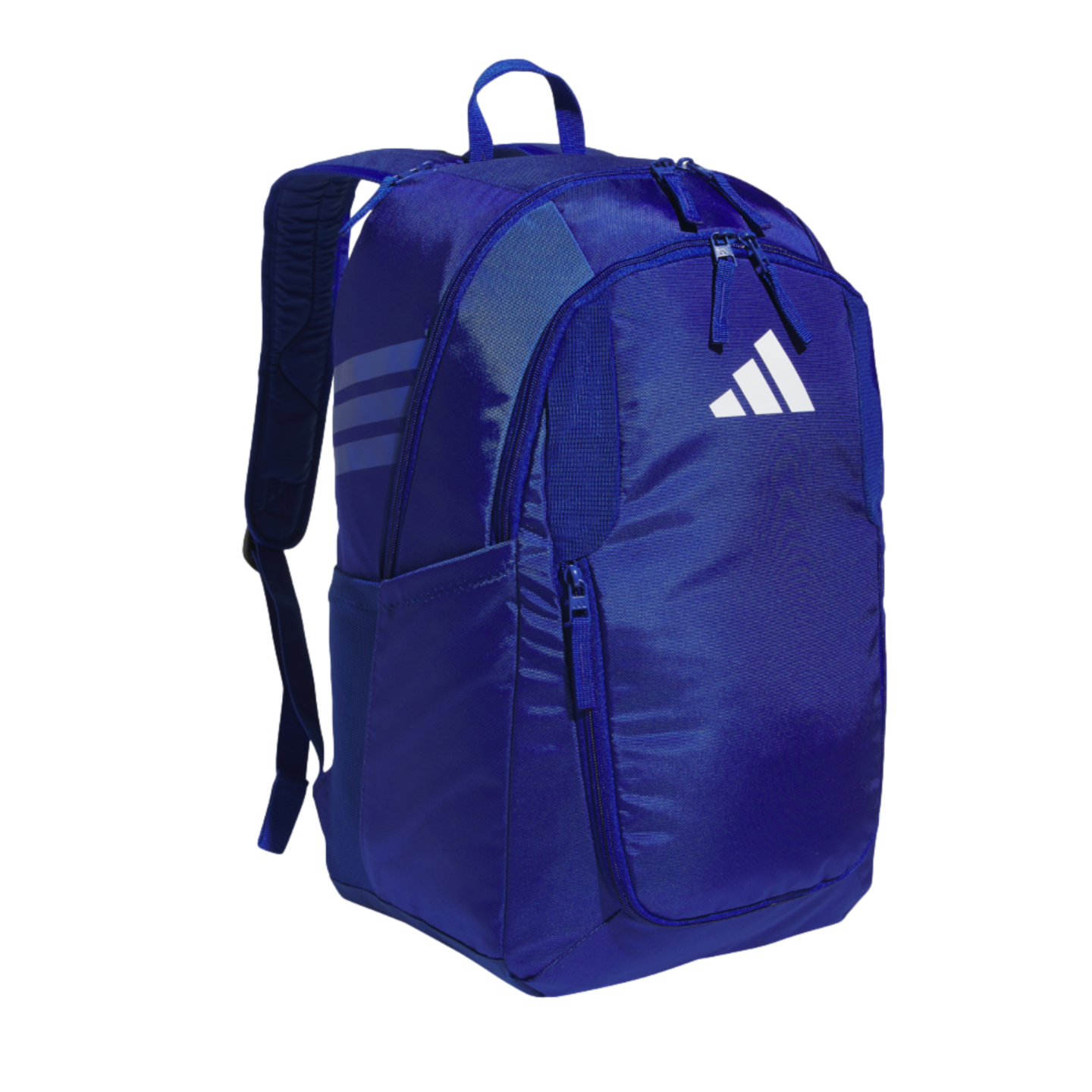Royal blue Adidas backpack with a white logo on the front, three stripes on the side, and multiple zippered compartments.