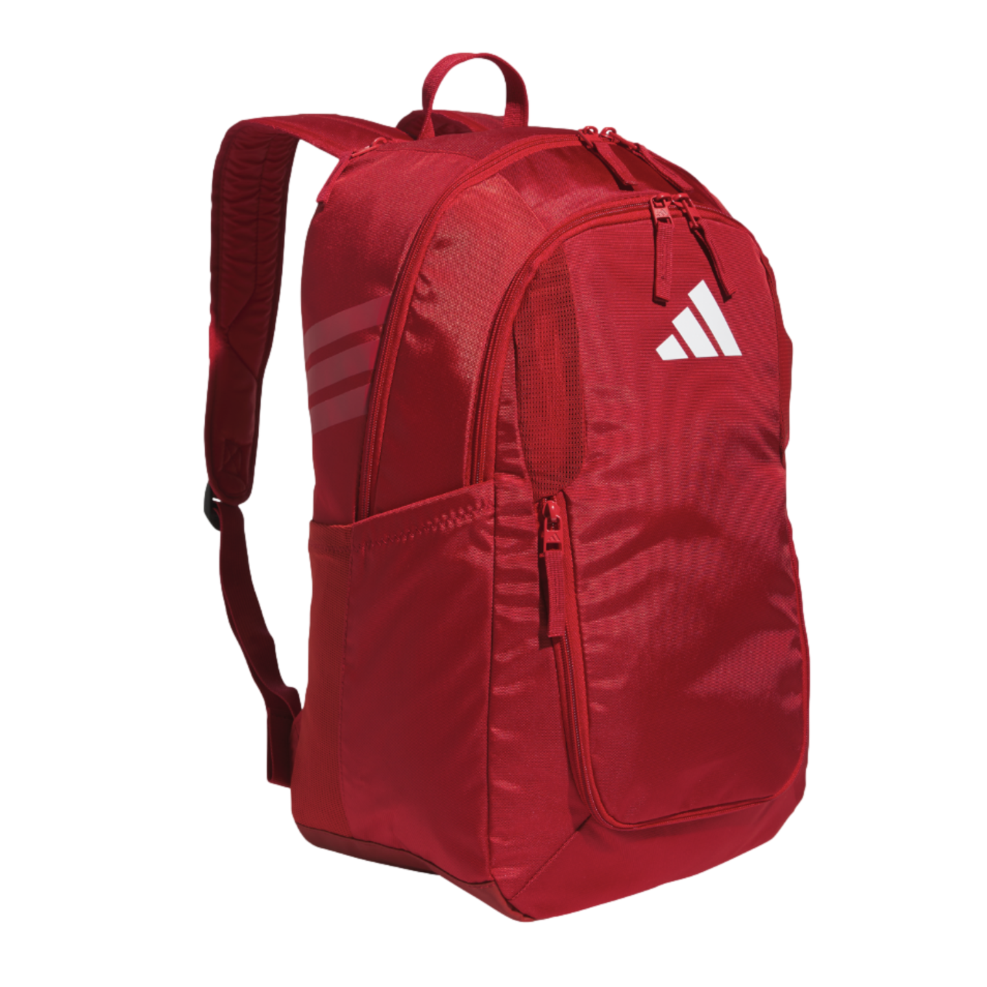 A bright red Adidas backpack with a white logo on the front. It features several zippered compartments, a side mesh pocket, and padded shoulder straps.