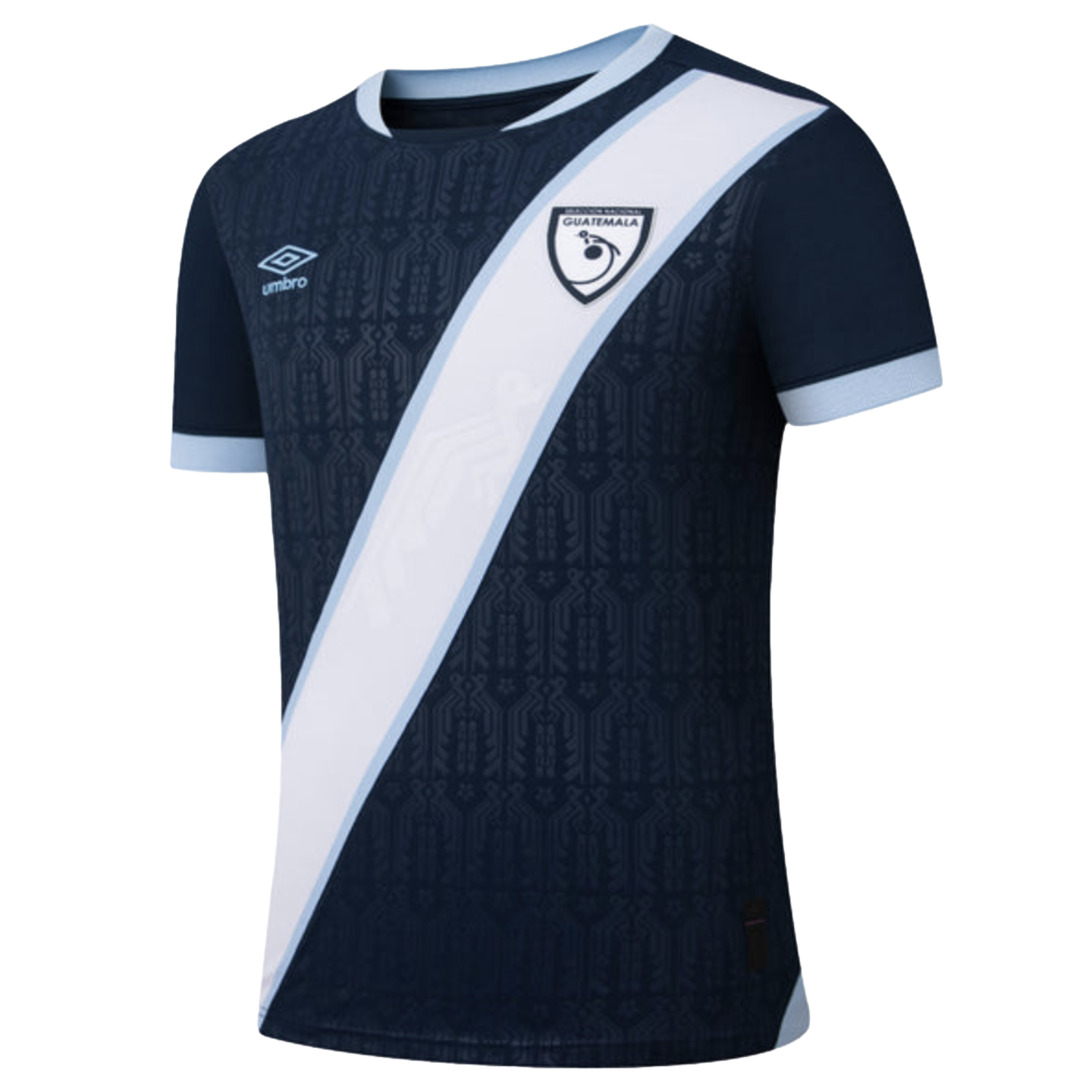 Navy blue Umbro Guatemala soccer jersey featuring a white diagonal sash with a team crest, tonal patterns, and light blue trim on the collar and cuffs.