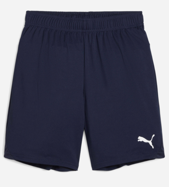 Navy blue Puma athletic shorts featuring an elastic waistband and a white logo on the lower left leg.