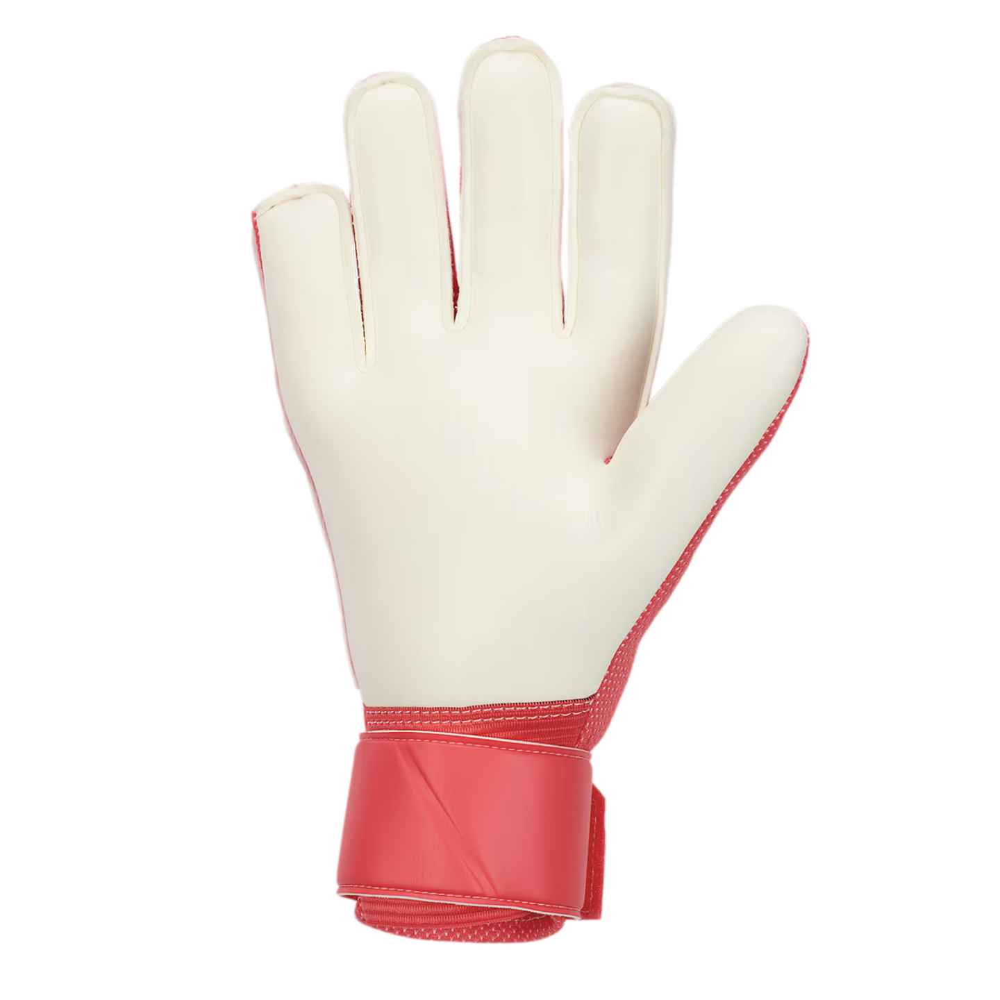A goalkeeper glove with a cream latex palm and red back and wrist strap, shown against a white background.