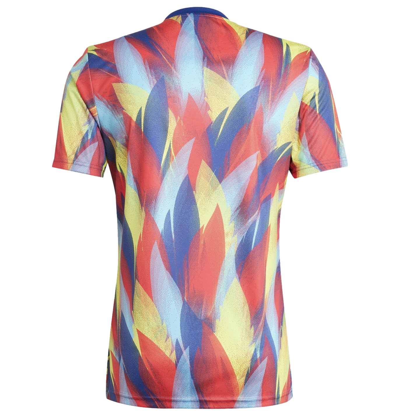 Back view of a short-sleeved t-shirt featuring a vibrant abstract pattern of overlapping red, yellow, and blue leaf-like shapes.