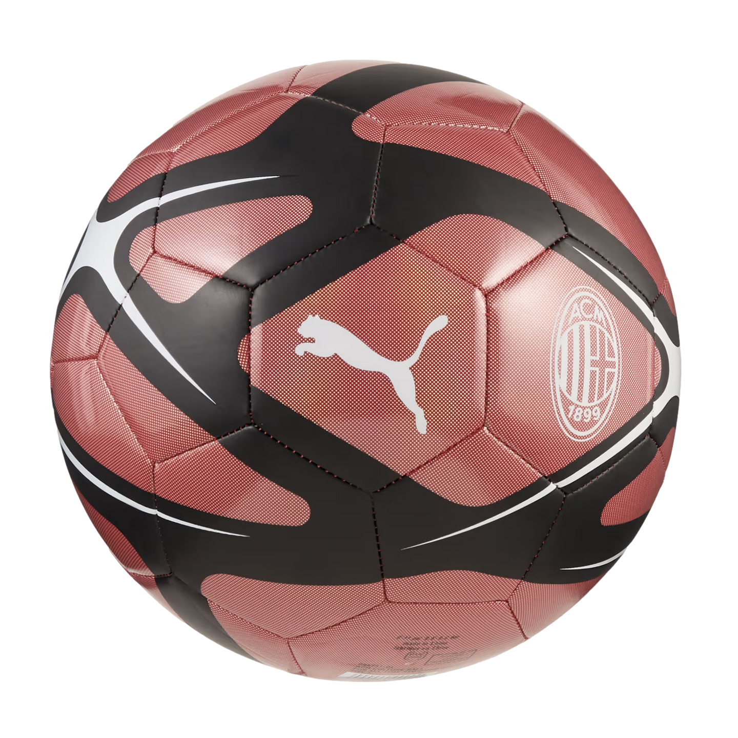 A red and black Puma soccer ball featuring the AC Milan club crest and stylized graphic designs, isolated on a white background.