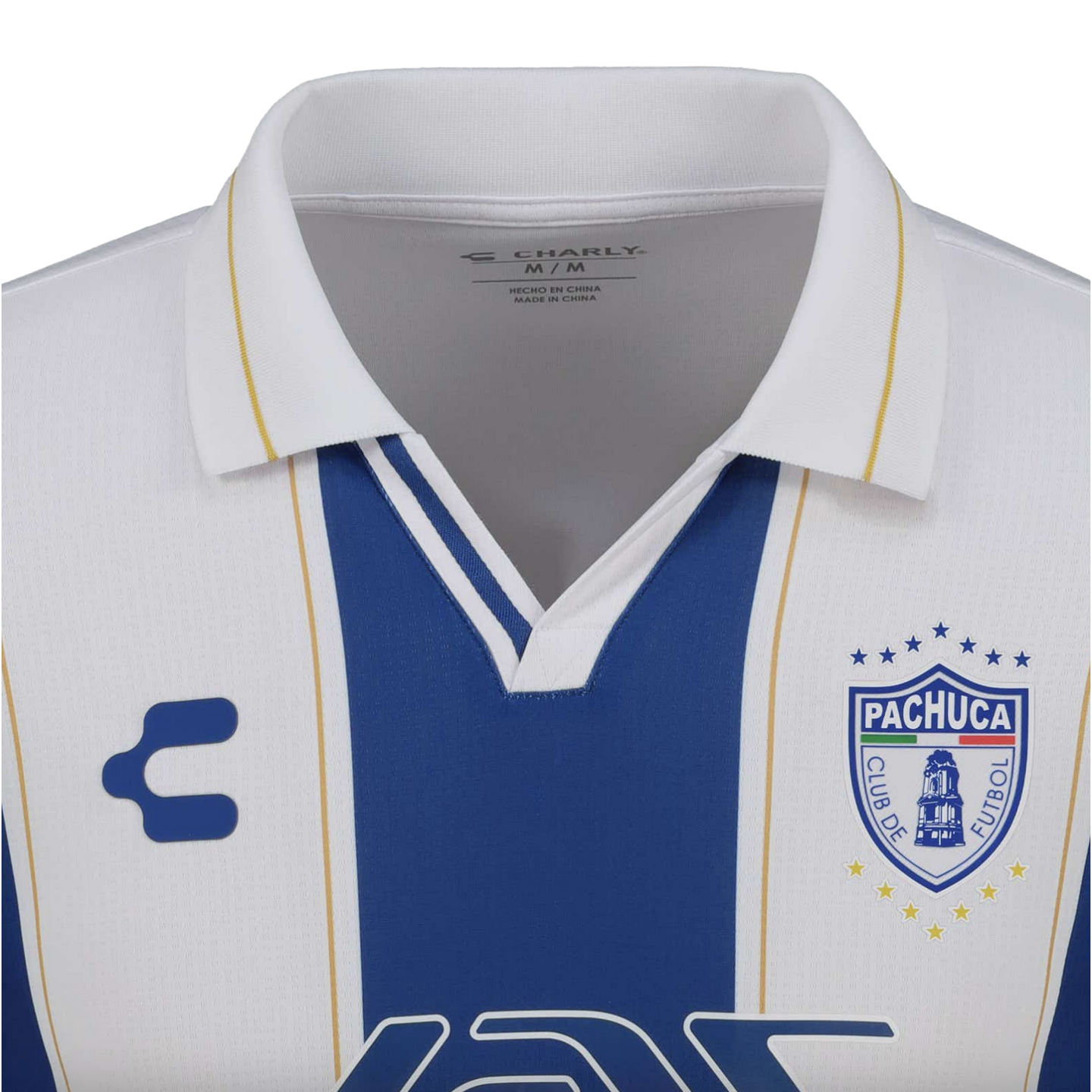 Close-up of a white and blue striped Pachuca soccer jersey with a white polo collar, featuring the Charly logo and club crest.