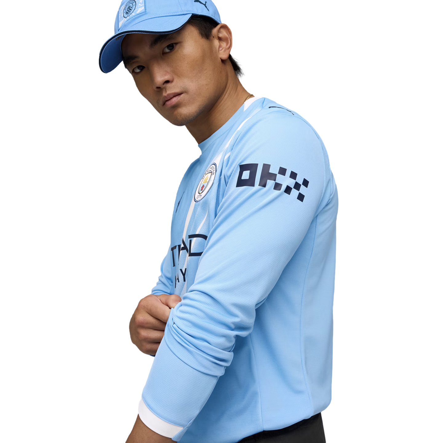 A man in a light blue Manchester City long-sleeve jersey and matching cap, posing against a white background.