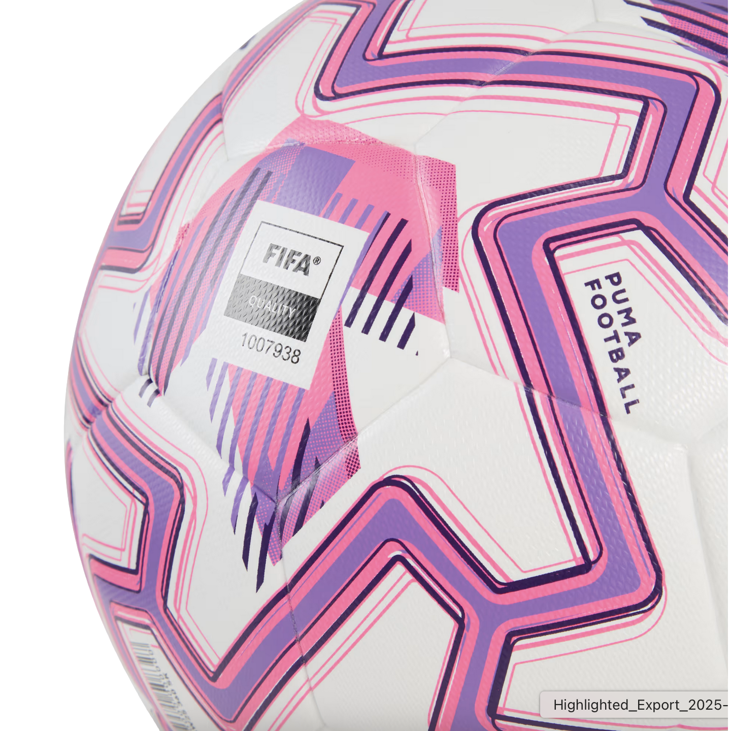 Close-up of a white Puma football featuring pink and purple zigzag patterns and a "FIFA Quality" certification mark.