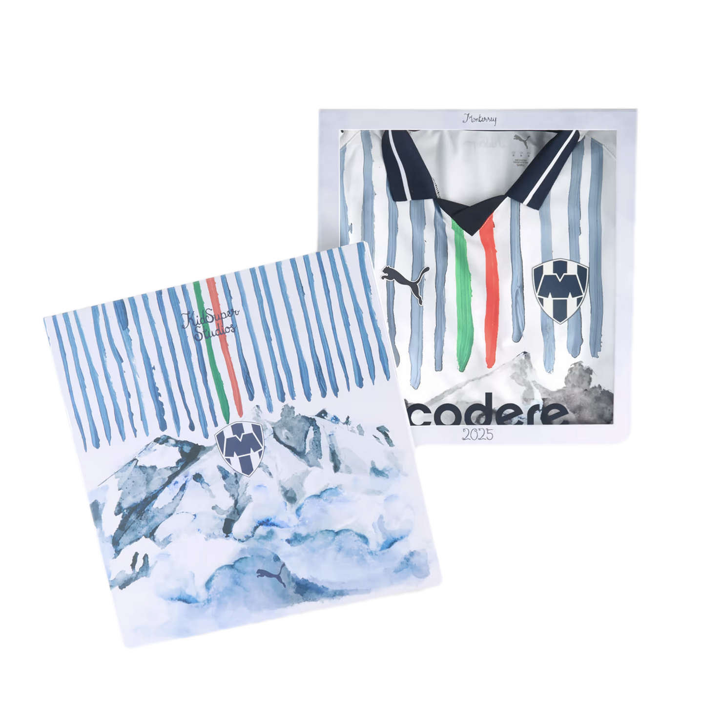 Puma x KidSuper Studios C.F. Monterrey soccer jersey and matching box featuring artistic watercolor stripes and mountain graphics.