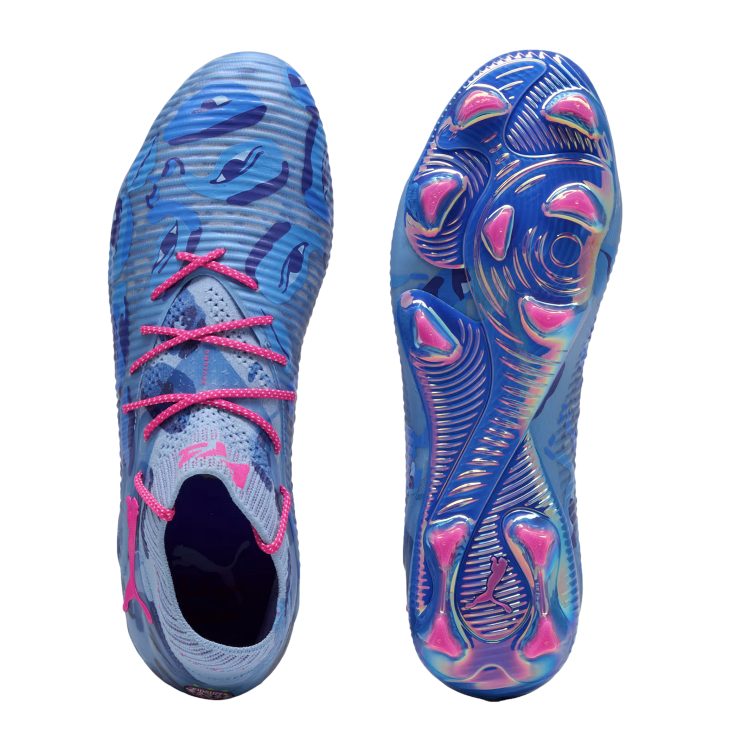 Top and bottom views of blue Puma soccer cleats with a patterned upper, bright pink laces, and an iridescent blue and pink studded sole.