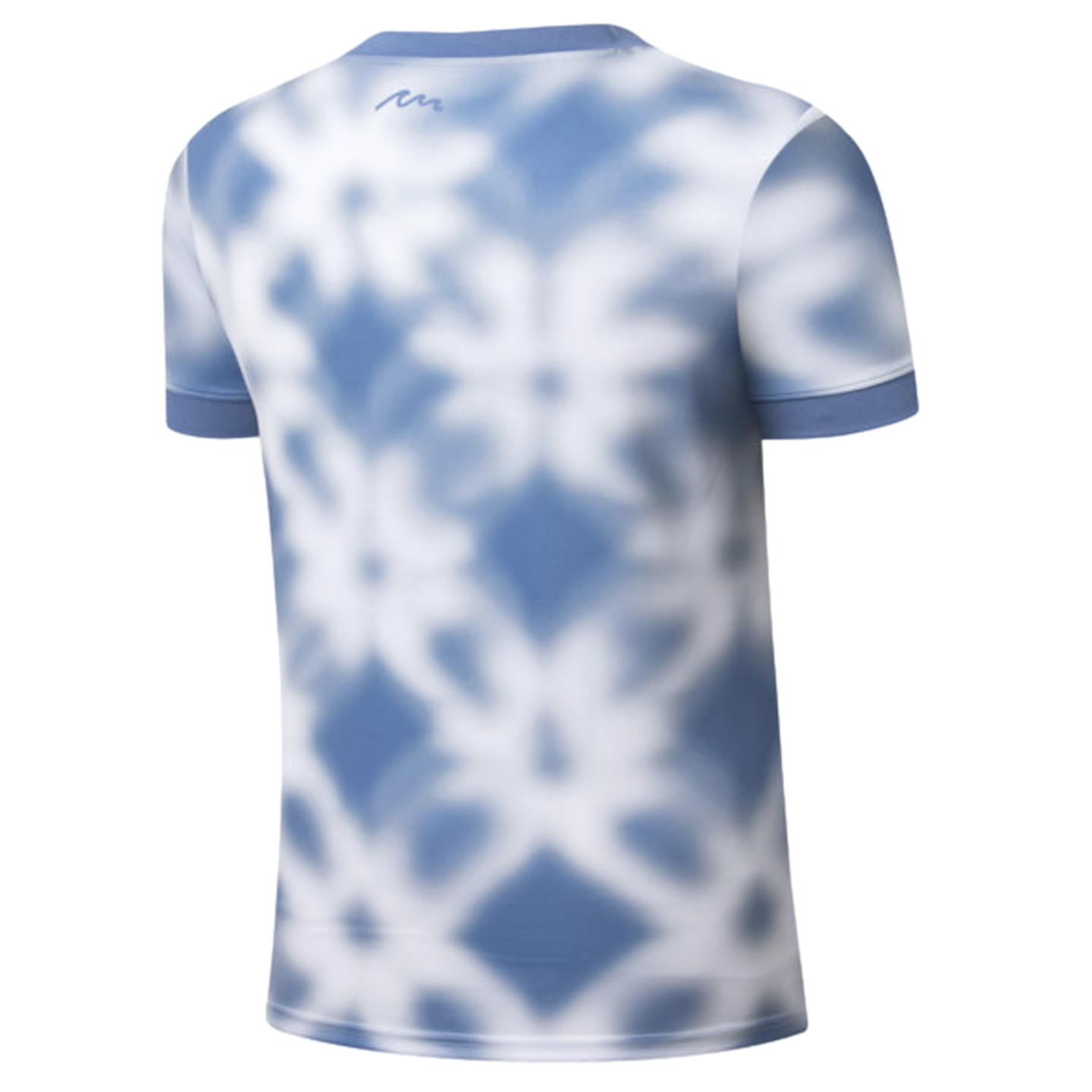 Back view of a short-sleeved t-shirt with a blue and white blurred floral pattern and solid blue ribbed collar and cuffs.