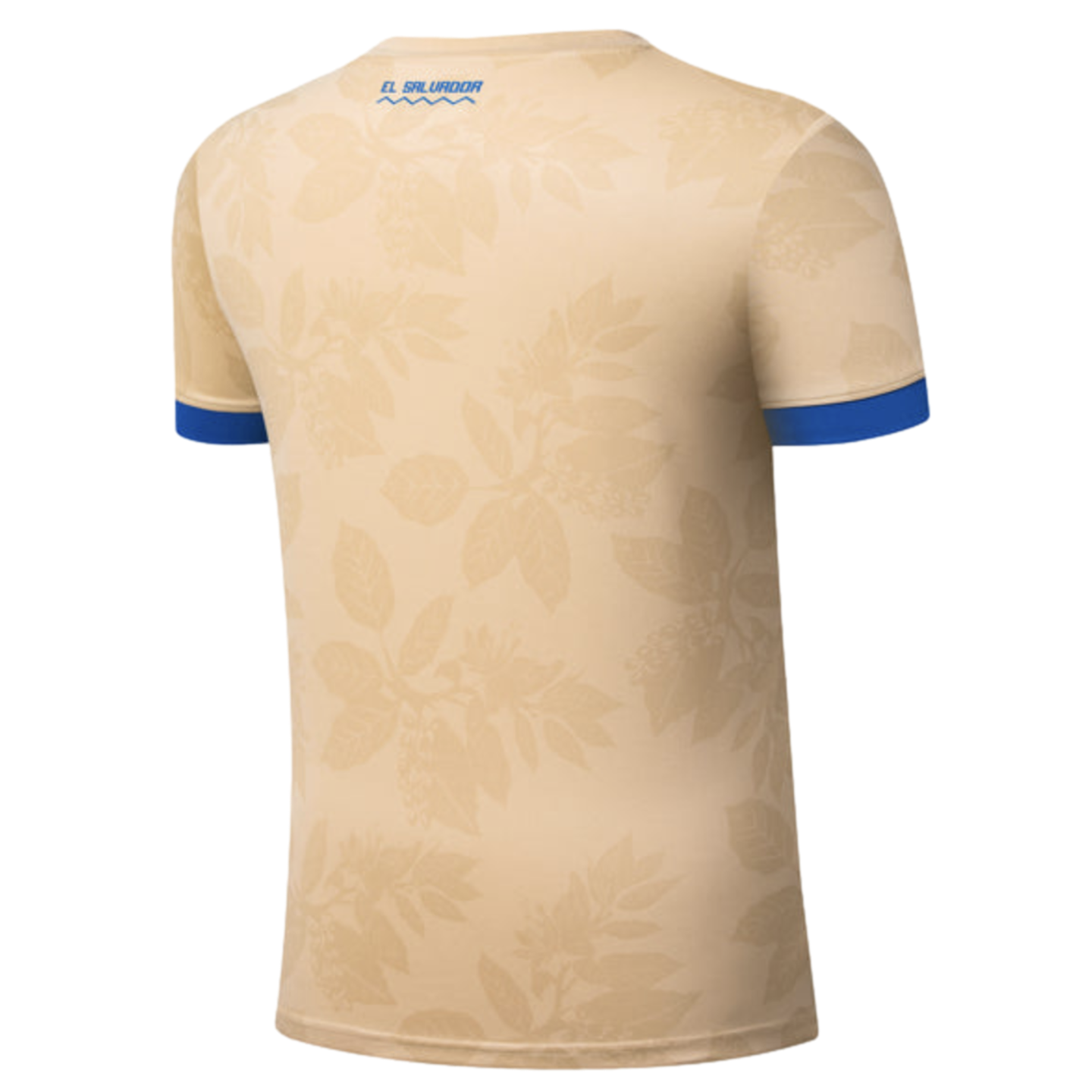 Back of a tan jersey with a subtle floral print, blue sleeve cuffs, and small blue text reading "EL SALVADOR" on the upper back.