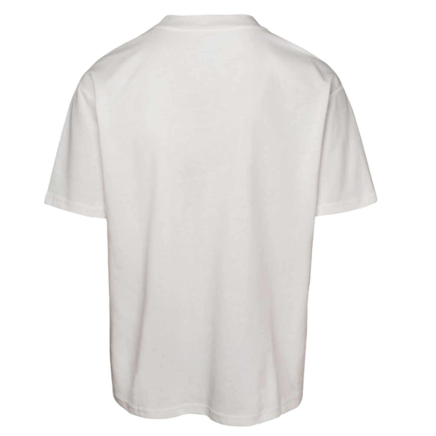 Rear view of a plain white, oversized short-sleeved t-shirt.