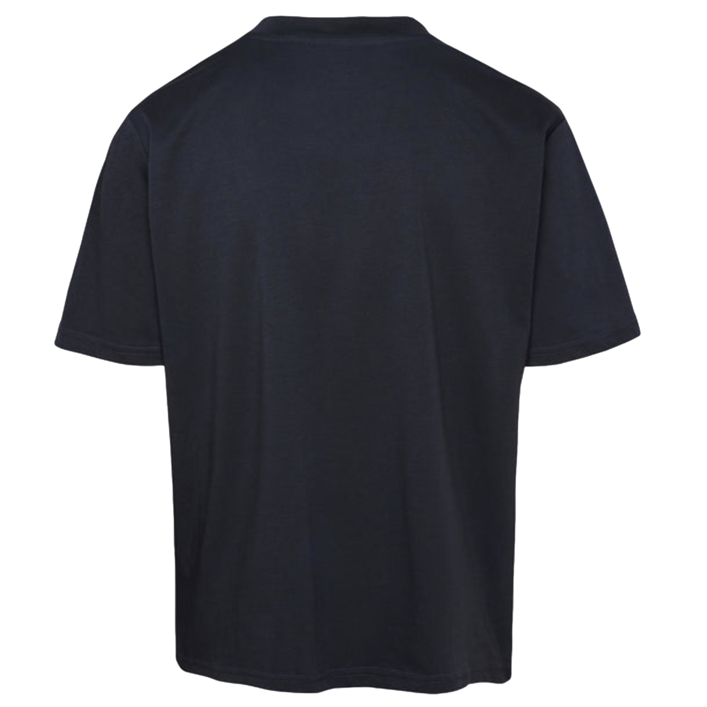 Back view of a plain, dark navy blue short-sleeved t-shirt.