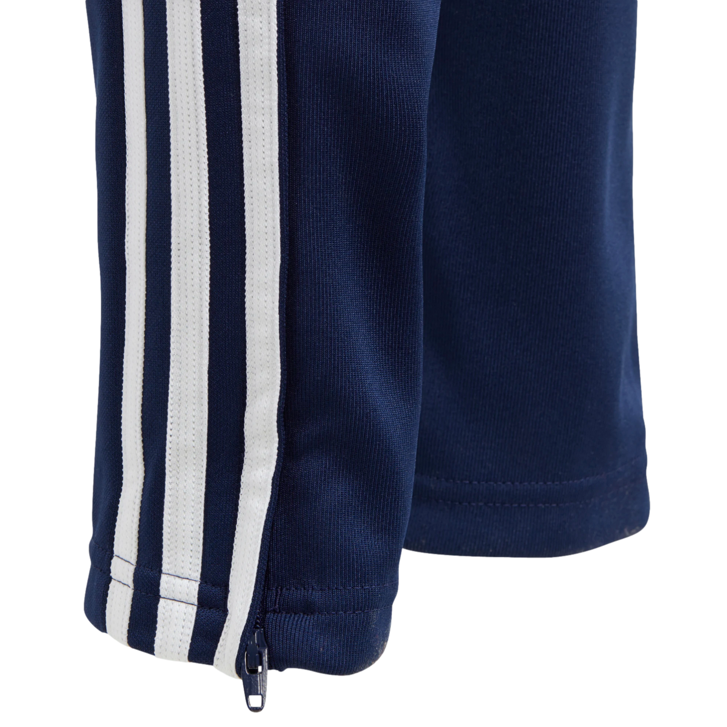 Navy blue athletic pants featuring three white stripes down the side and a zipper at the ankle cuff.