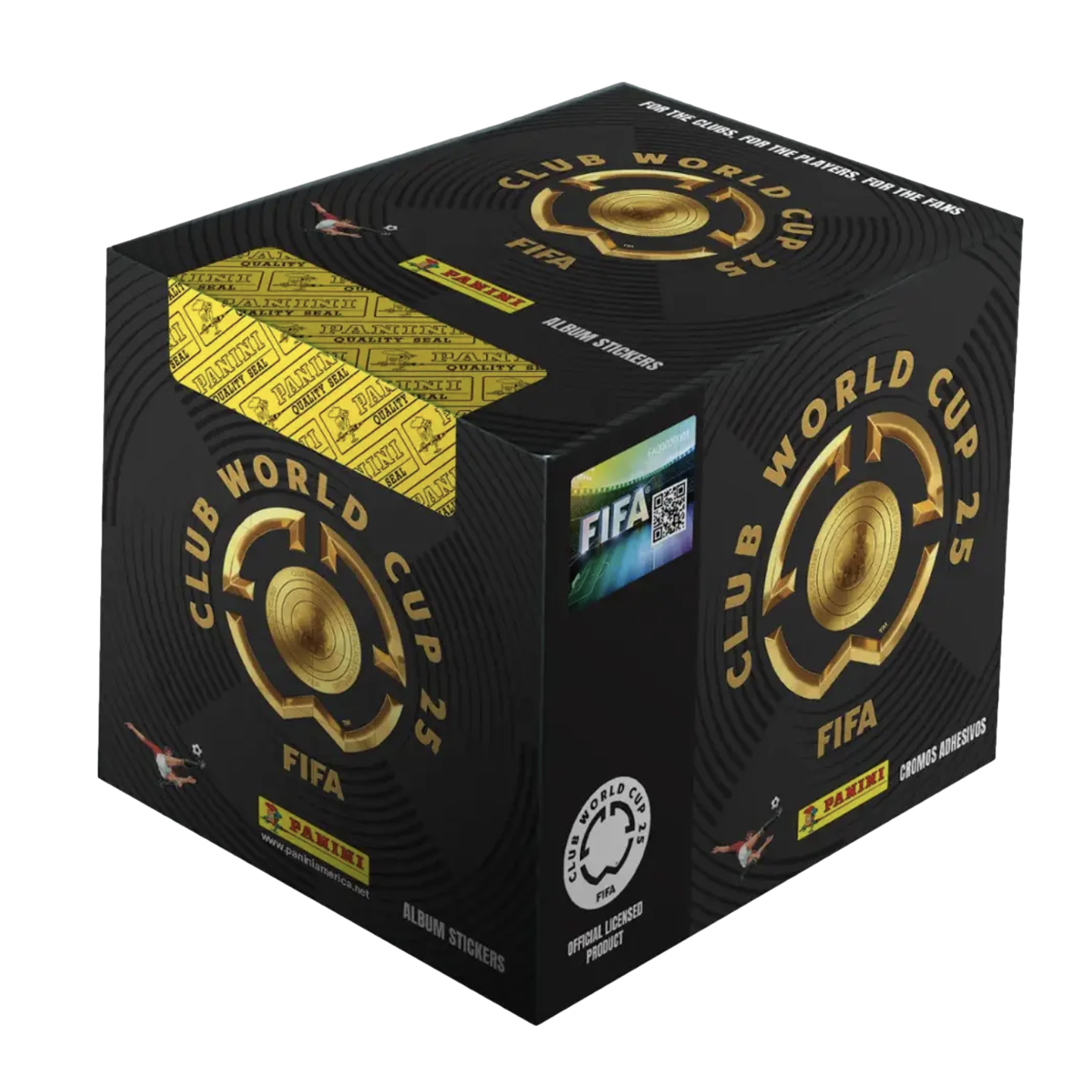 Black display box for Panini FIFA Club World Cup 25 album stickers, featuring a gold circular logo and yellow sticker packets inside.