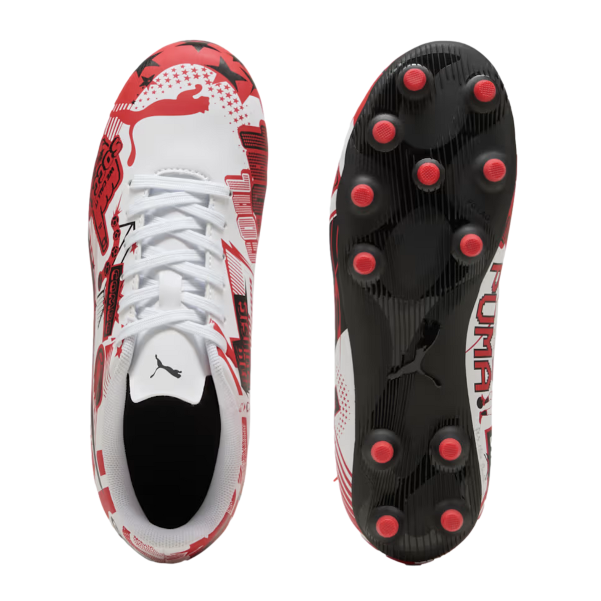 Top and bottom views of white Puma soccer cleats with red and black graphic designs, white laces, and black outsoles with red circular studs.