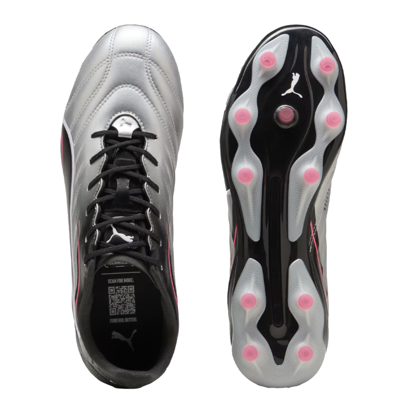 Top and bottom views of a Puma soccer cleat with a silver and black gradient upper and pink studs on its soleplate, set against a black background.