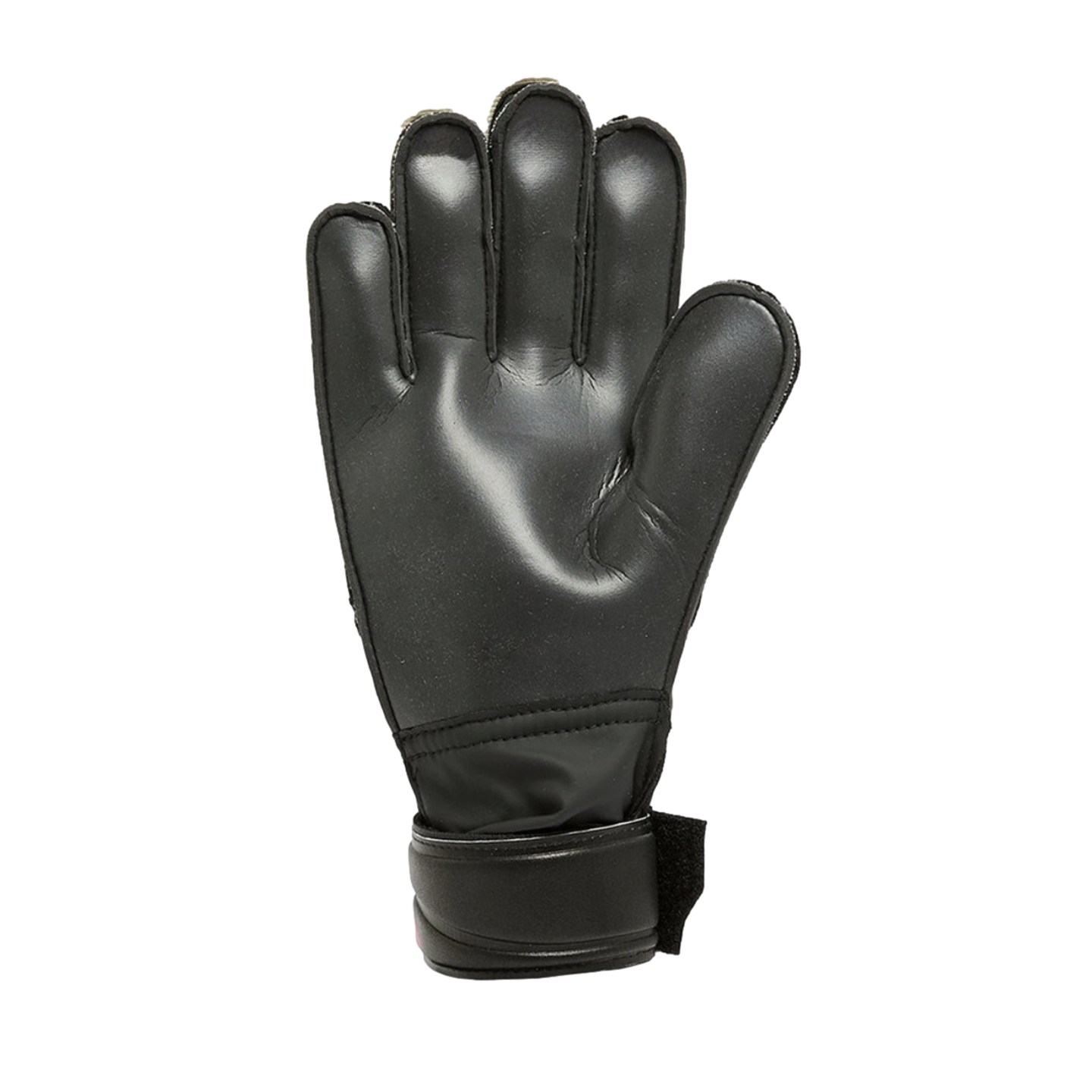 Palm view of a black padded goalkeeper glove with a wrist strap against a solid black background.