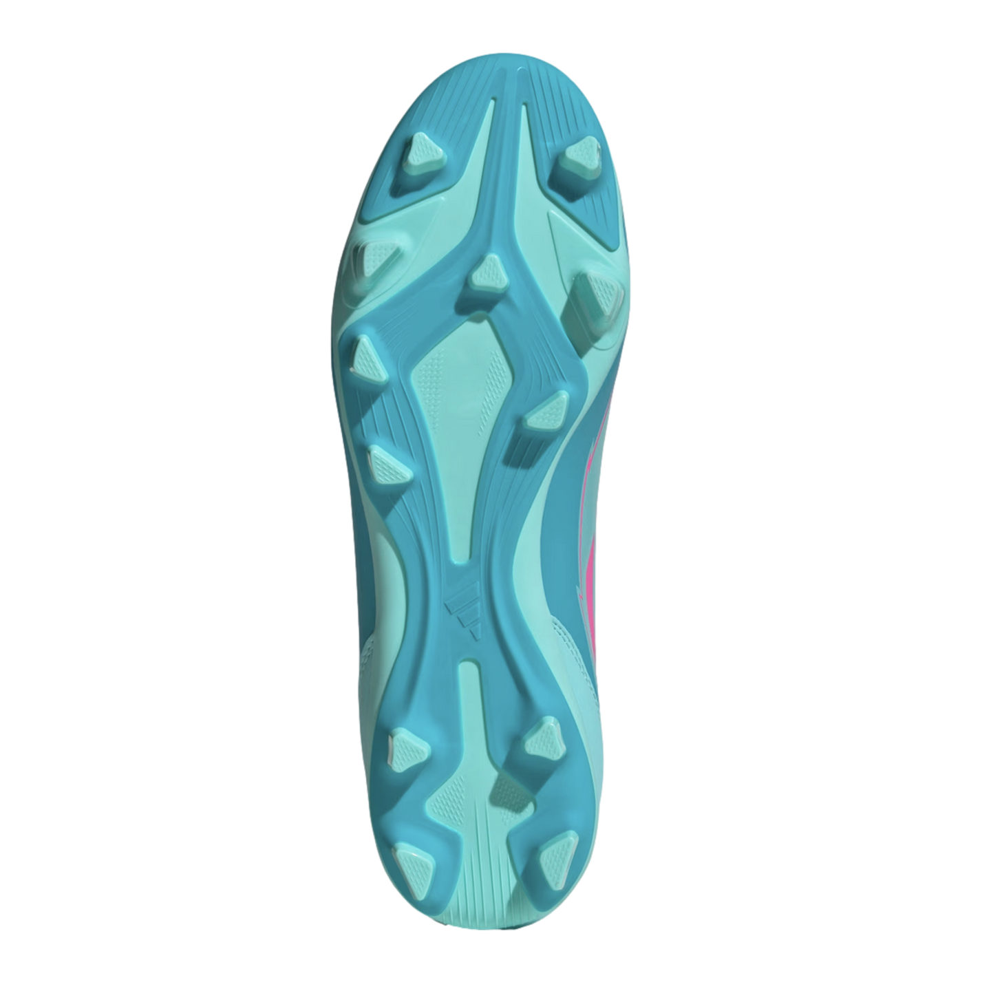 Bottom view of a light blue soccer cleat featuring a studded outsole for traction, set against a black background.
