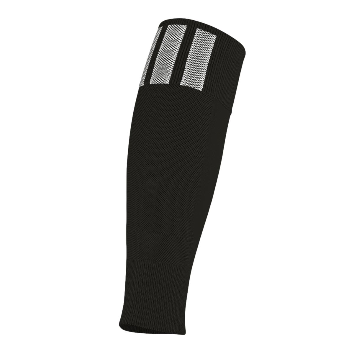 Black athletic calf sleeve with three vertical white stripes on the upper ribbed cuff.