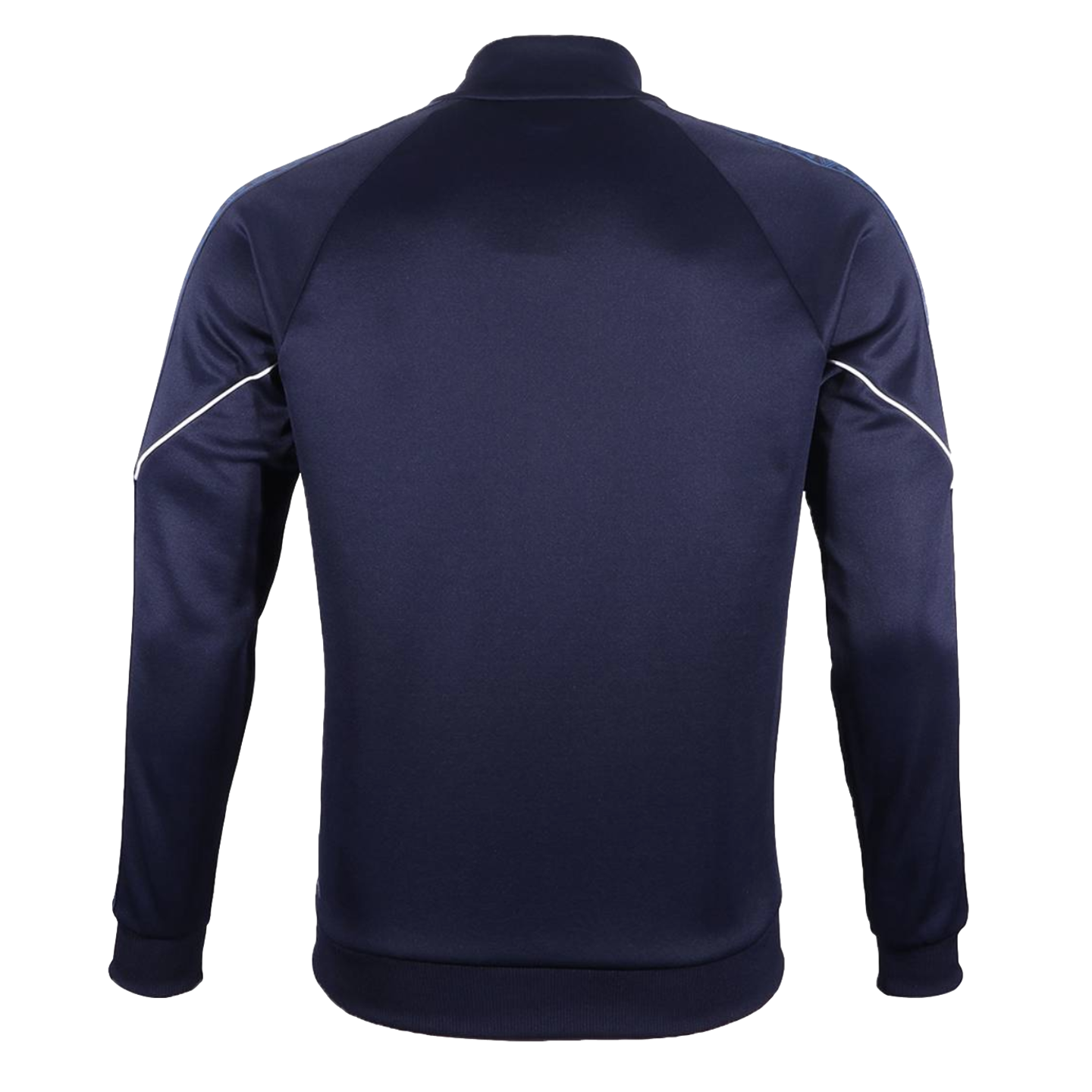 Back view of a navy blue track jacket with raglan sleeves, white piping accents, and ribbed hem and cuffs, shown against a solid black background.