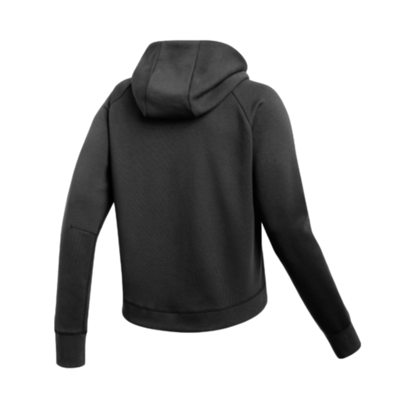 Back view of a black hoodie with raglan sleeves and a curved hem, shown against a dark background.