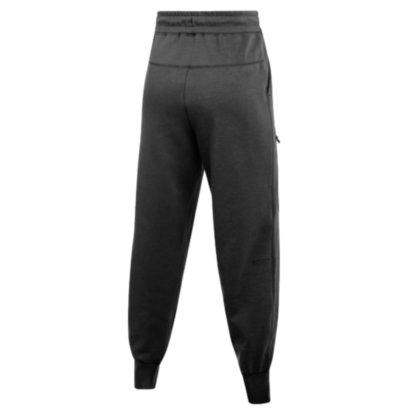 Rear view of dark grey jogger pants against a black background, featuring an elastic waistband and ribbed ankle cuffs.
