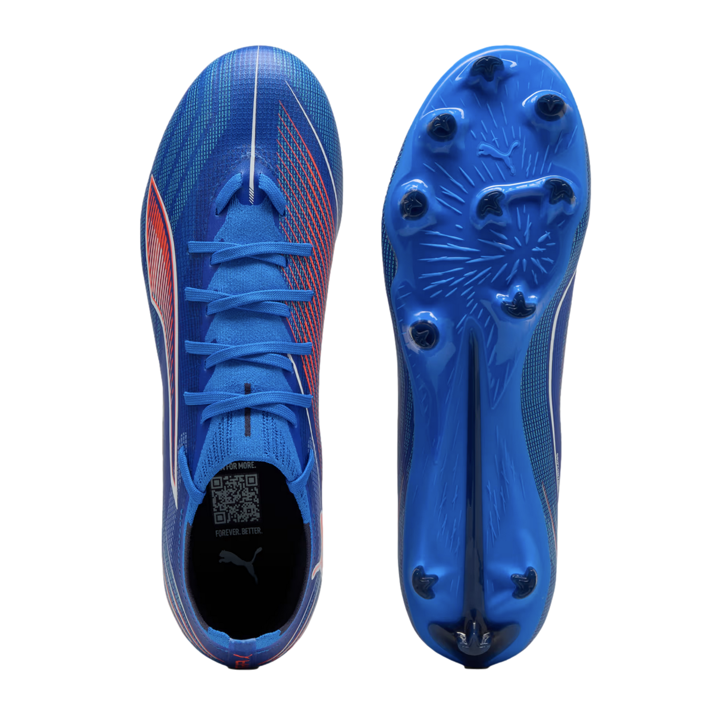 Top and sole views of a bright blue Puma soccer cleat with red accents, featuring blue laces and a studded traction plate.